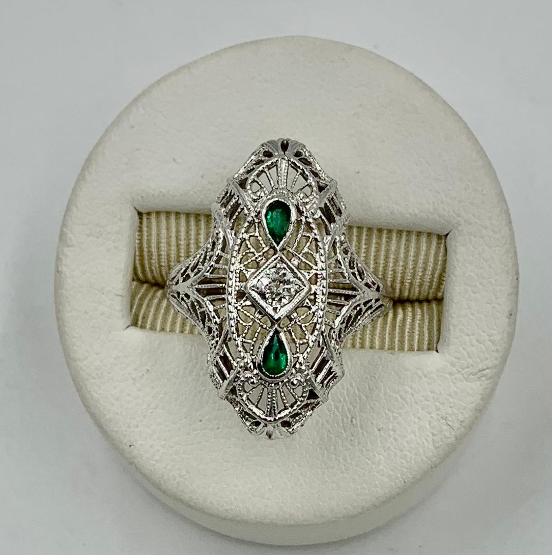 Art Deco Emerald Diamond Wedding Engagement Ring 14 Karat White Gold Edwardian 1