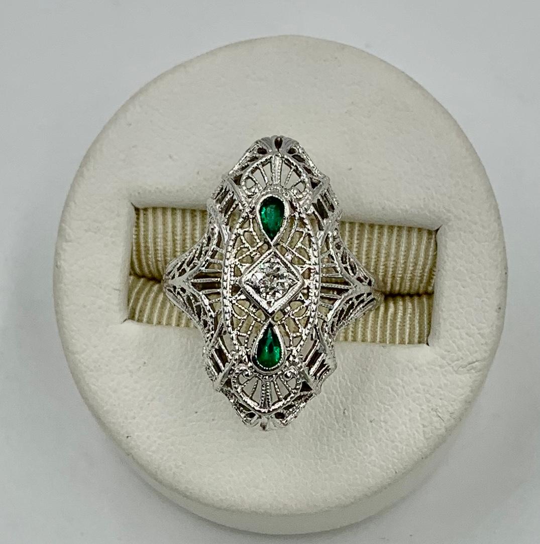 Art Deco Smaragd Diamant Hochzeit Verlobungsring 14 Karat Weißgold Edwardian 3