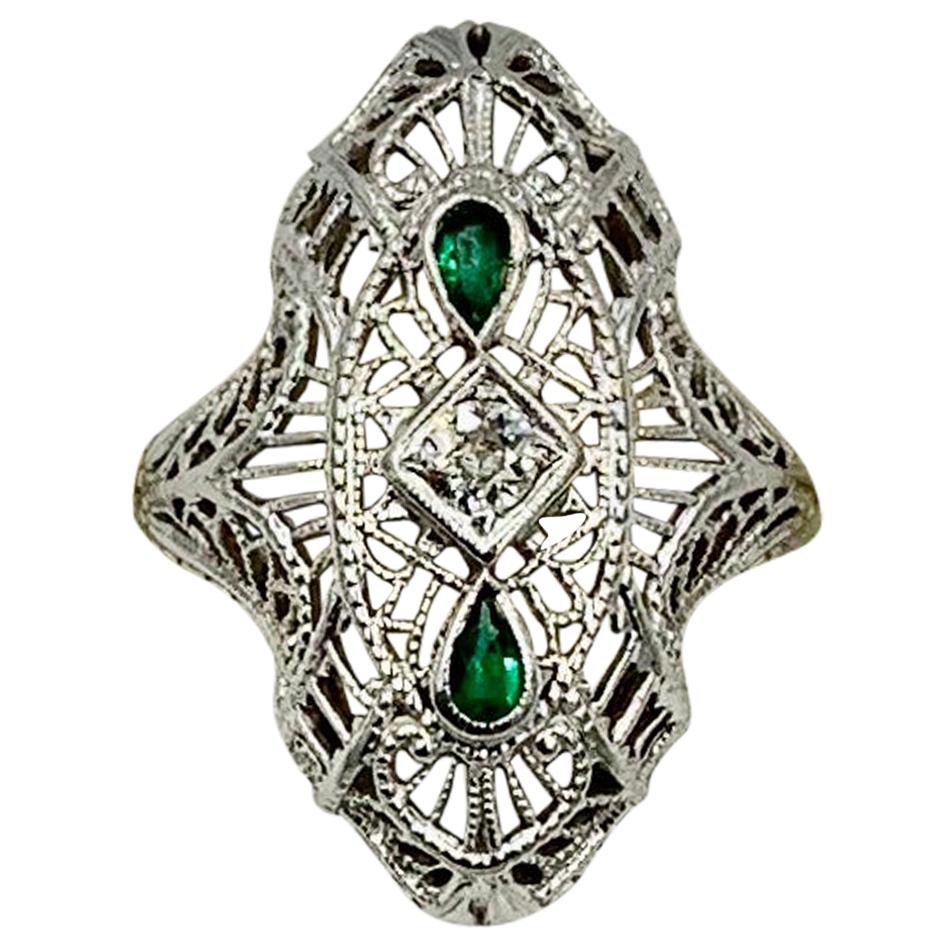 Art Deco Emerald Diamond Wedding Engagement Ring 14 Karat White Gold Edwardian