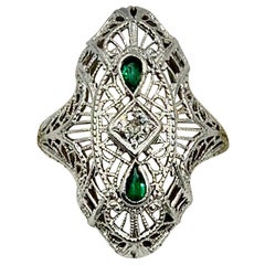 Art Deco Emerald Diamond Wedding Engagement Ring 14 Karat White Gold Edwardian