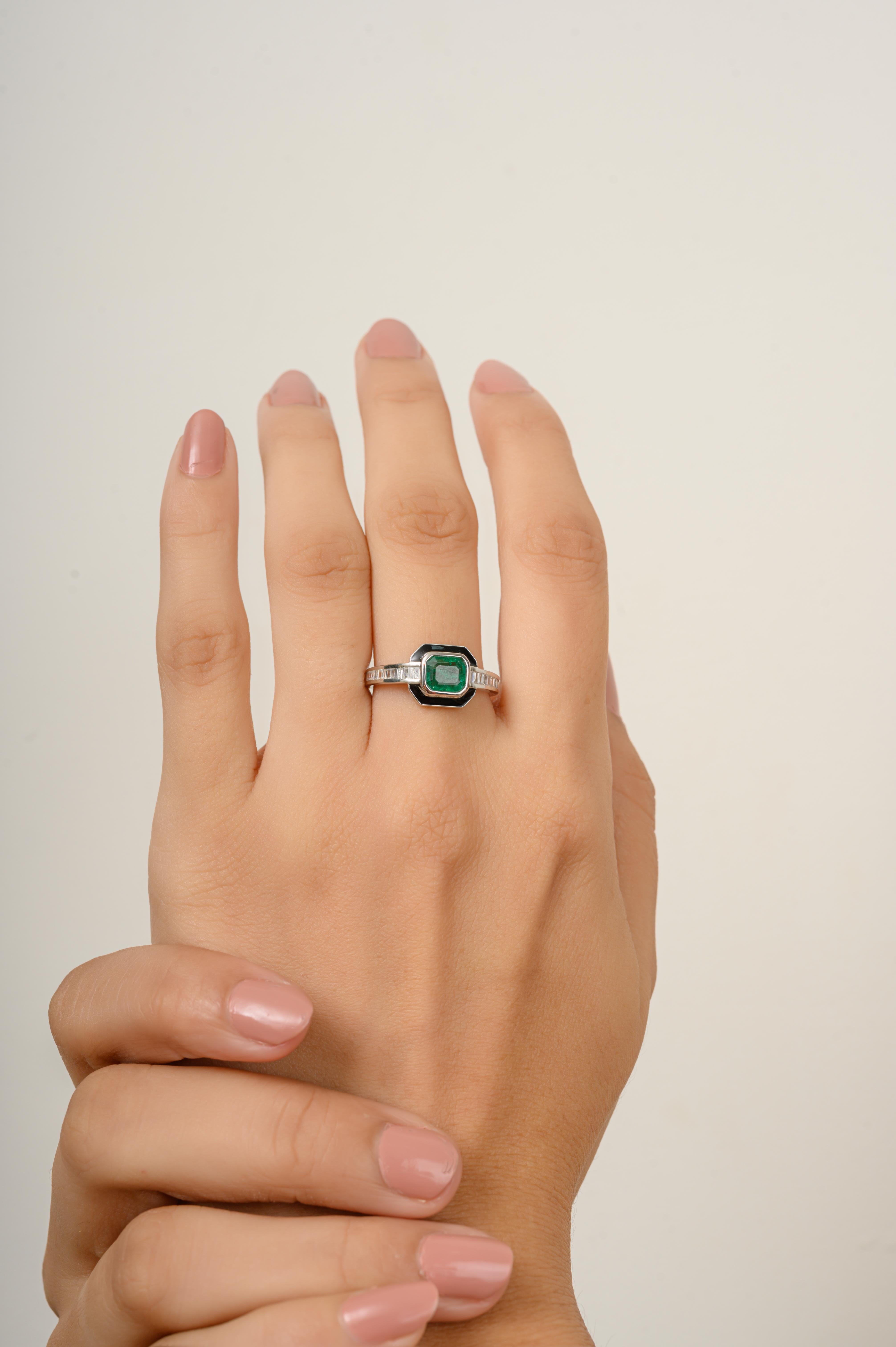 For Sale:  Art Deco Emerald Diamond Wedding Ring with Enamel in 18k Solid White Gold 2