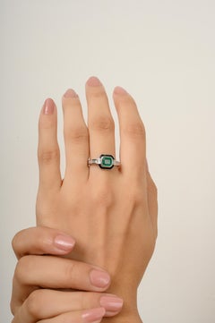 Art Deco Emerald Diamond Wedding Ring with Enamel in 18k Solid White Gold