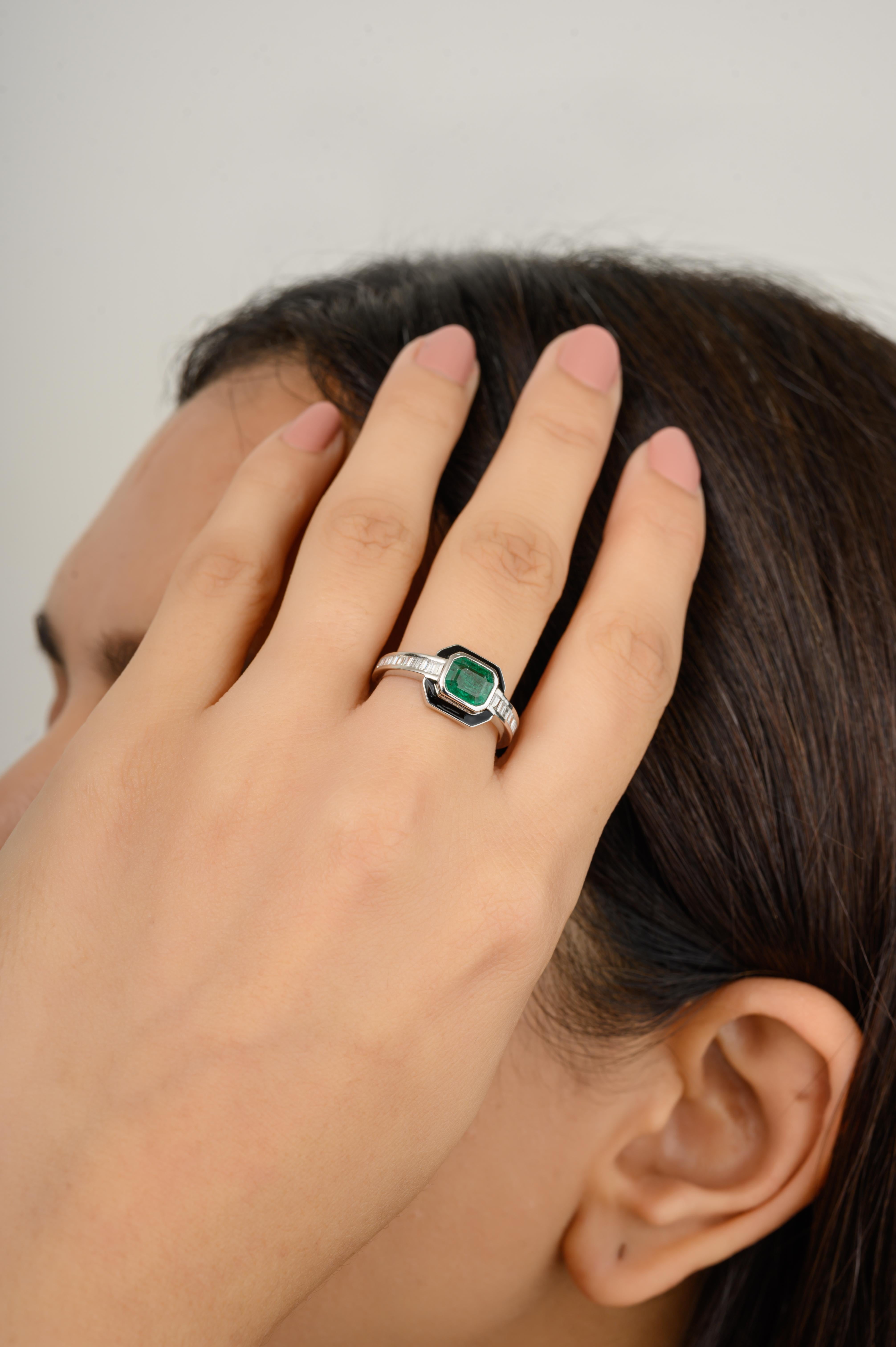 For Sale:  Art Deco Emerald Diamond Wedding Ring with Enamel in 18k Solid White Gold 5