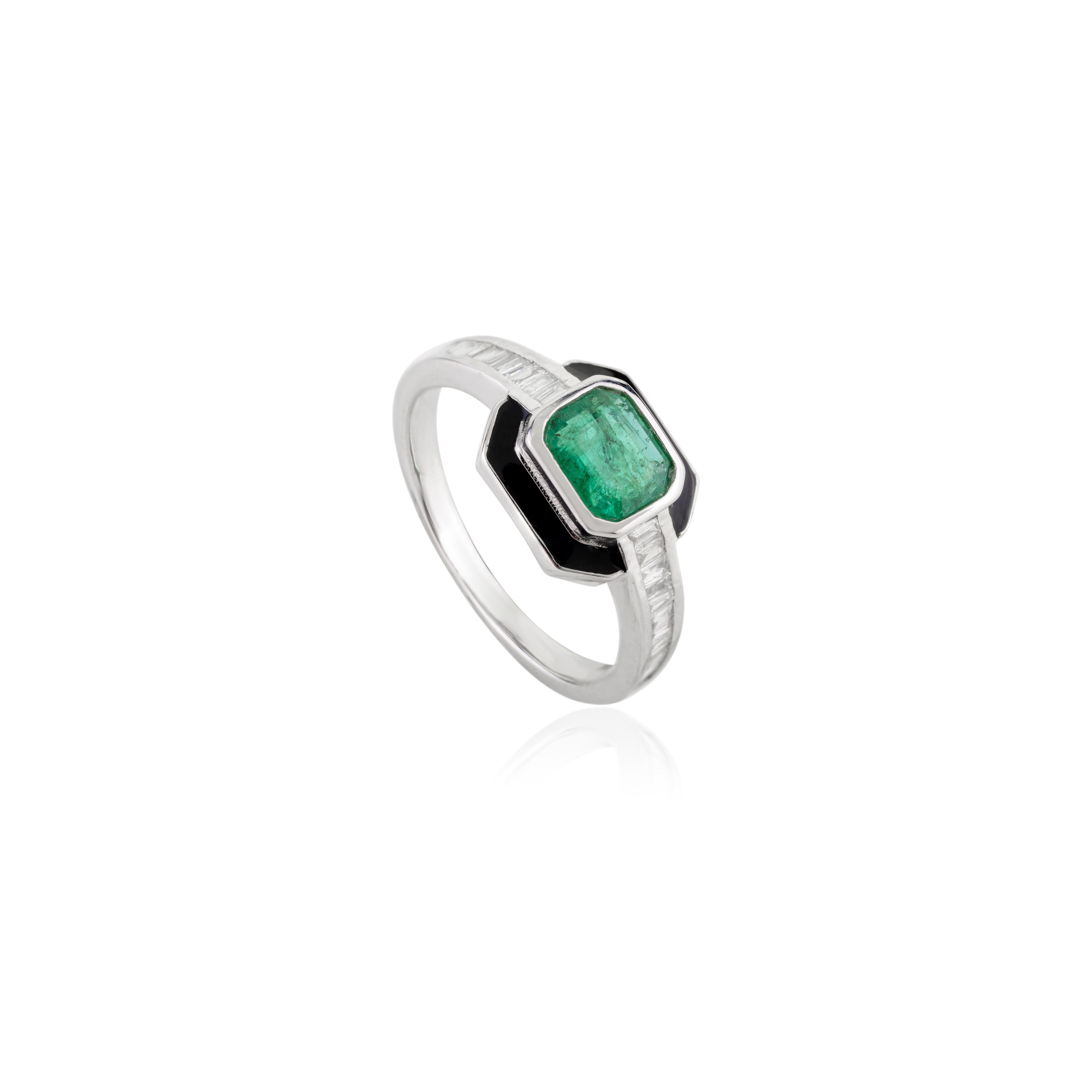 For Sale:  Art Deco Emerald Diamond Wedding Ring with Enamel in 18k Solid White Gold 6