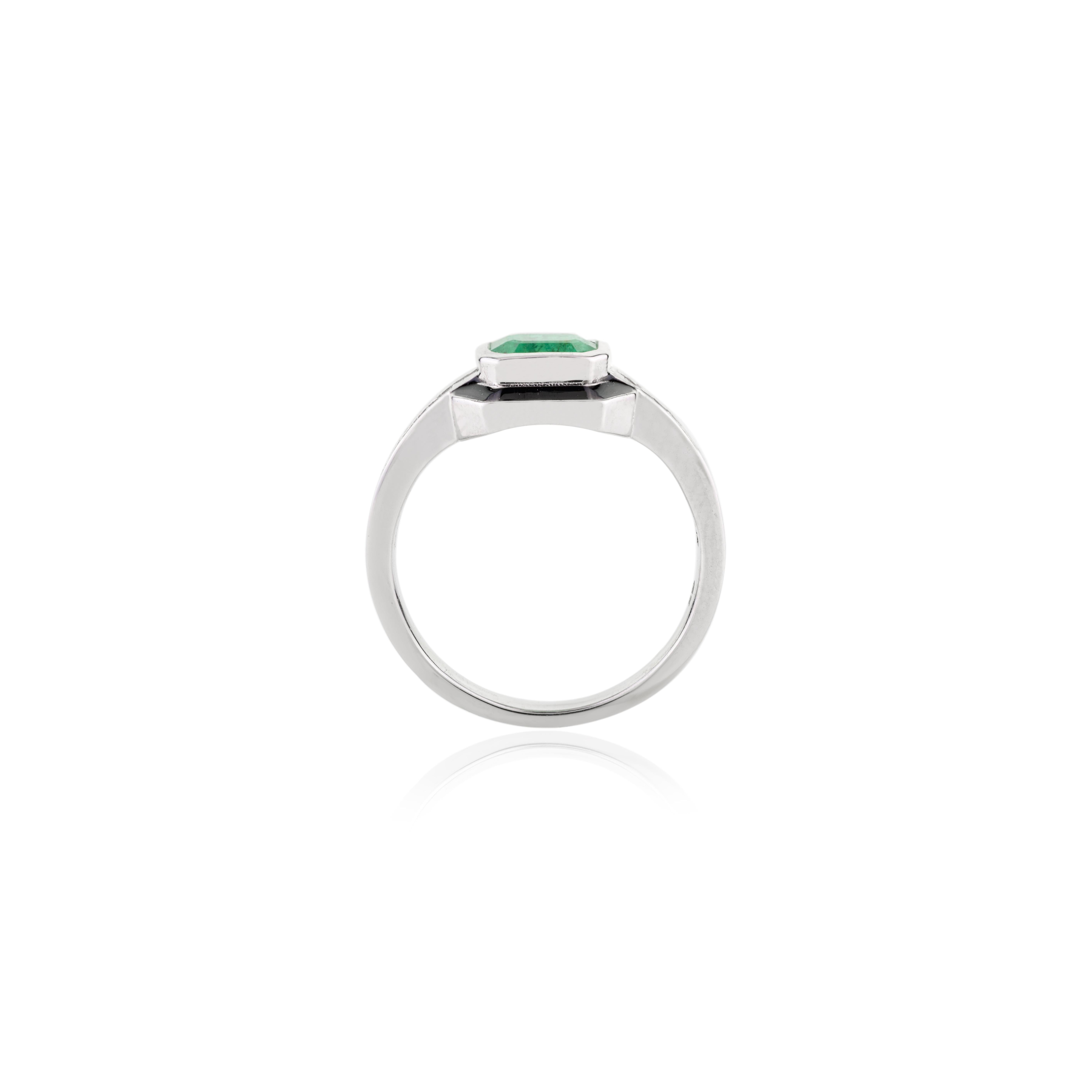 For Sale:  Art Deco Emerald Diamond Wedding Ring with Enamel in 18k Solid White Gold 7