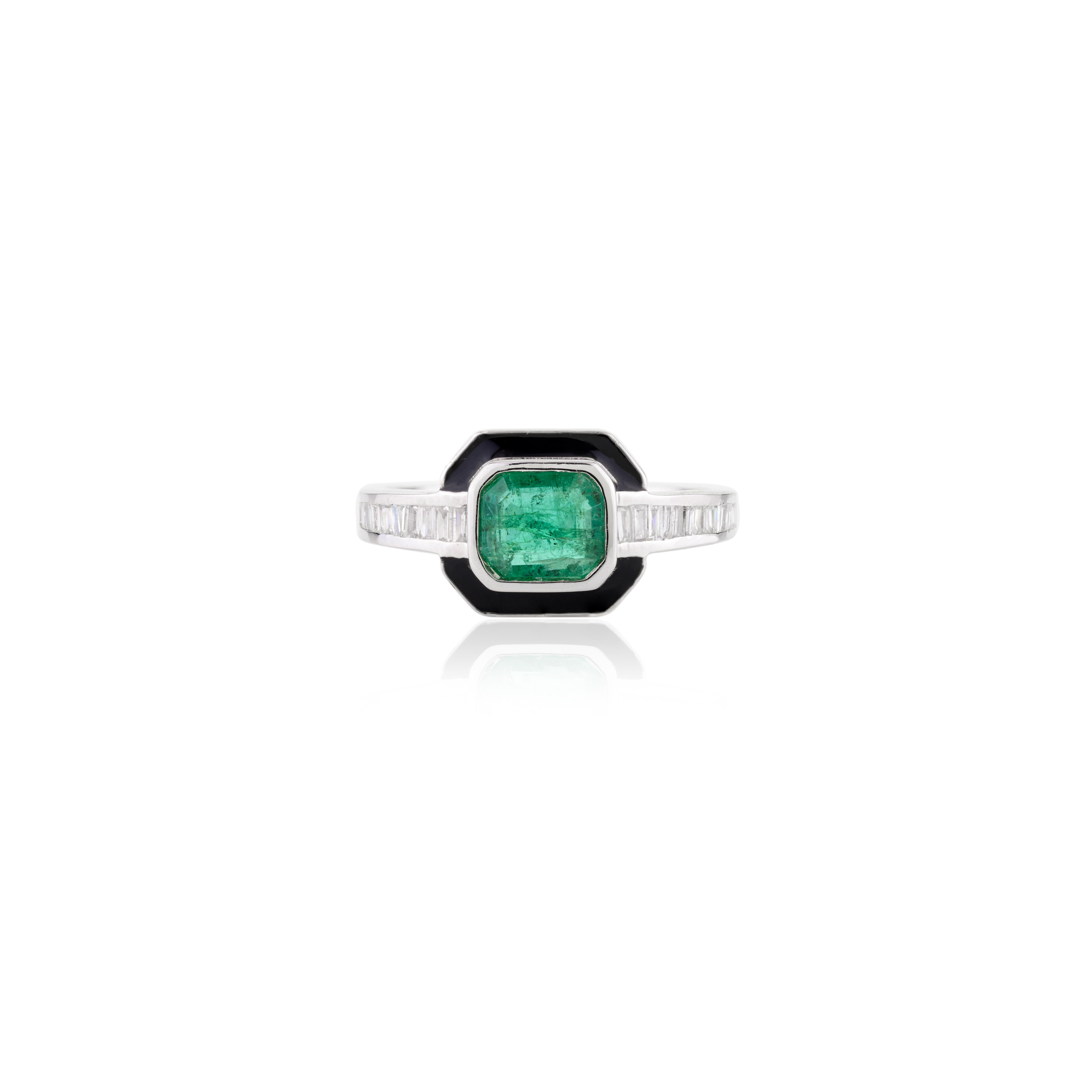 For Sale:  Art Deco Emerald Diamond Wedding Ring with Enamel in 18k Solid White Gold 8
