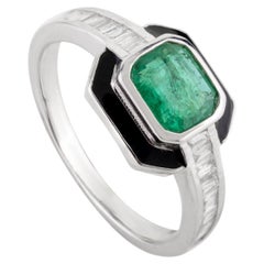 Bague de mariage Art déco en or blanc massif 18 carats, diamant émeraude et émail