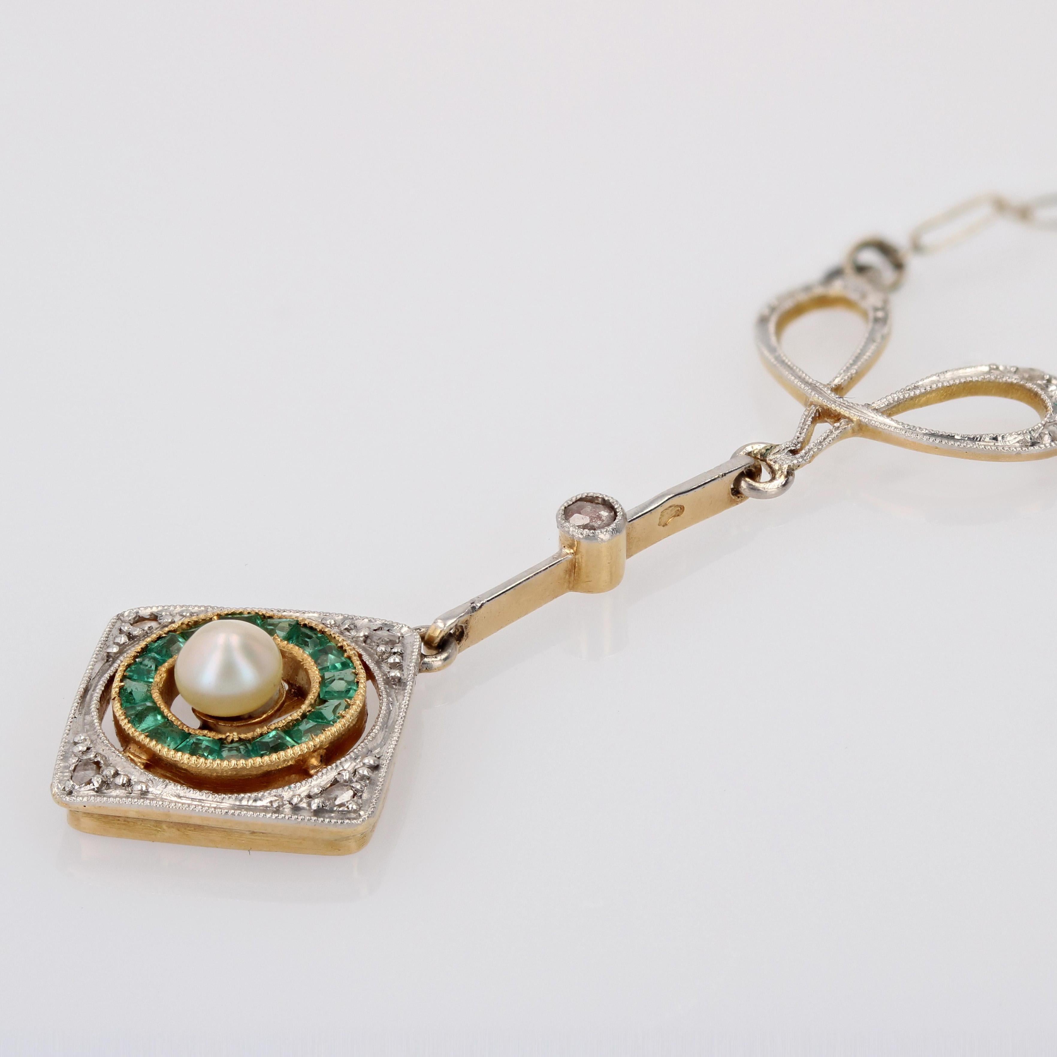 Art Deco Emerald Diamonds Fine Pearl 18 Karat Yellow White Gold Pendant Necklace For Sale 8