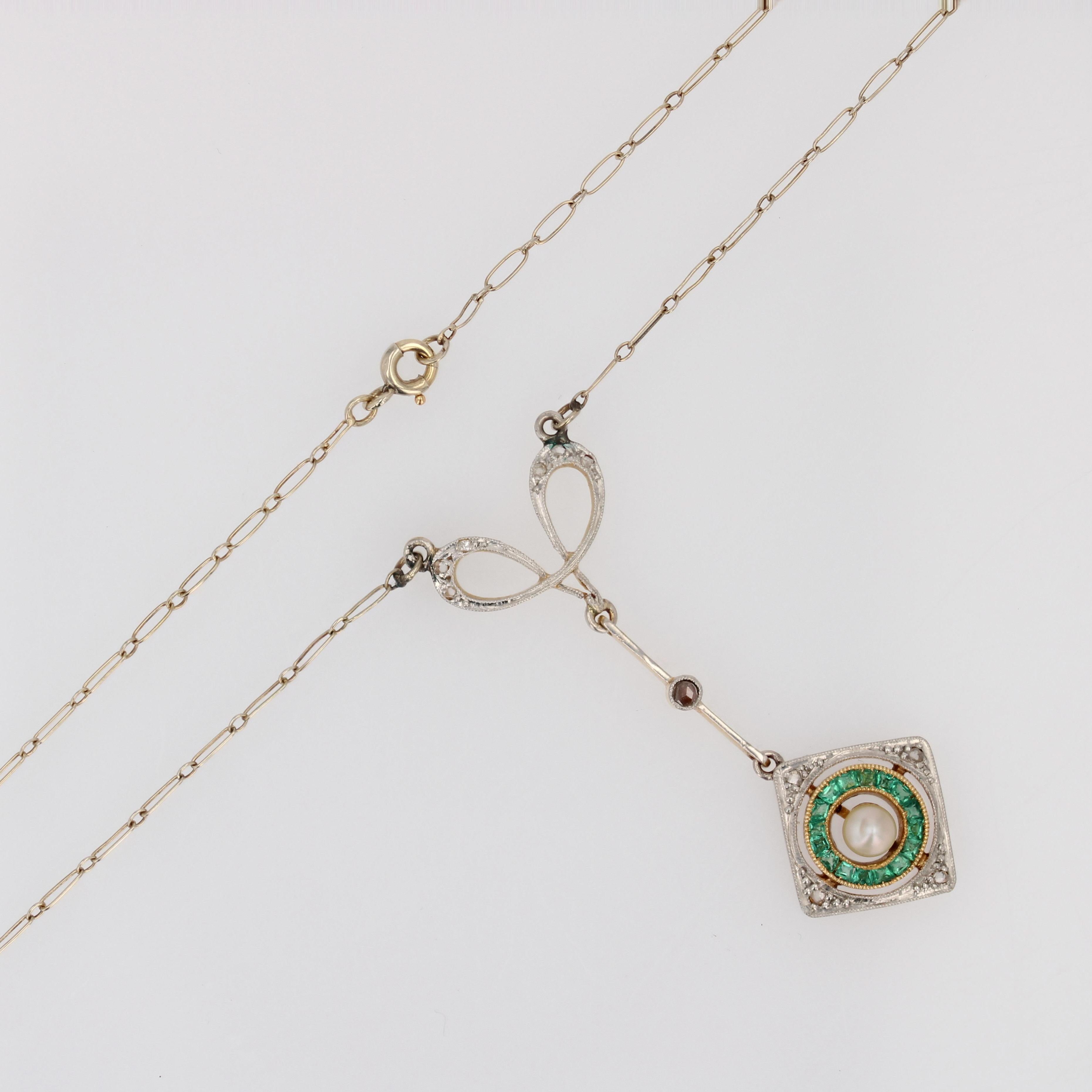 Art Deco Emerald Diamonds Fine Pearl 18 Karat Yellow White Gold Pendant Necklace For Sale 9
