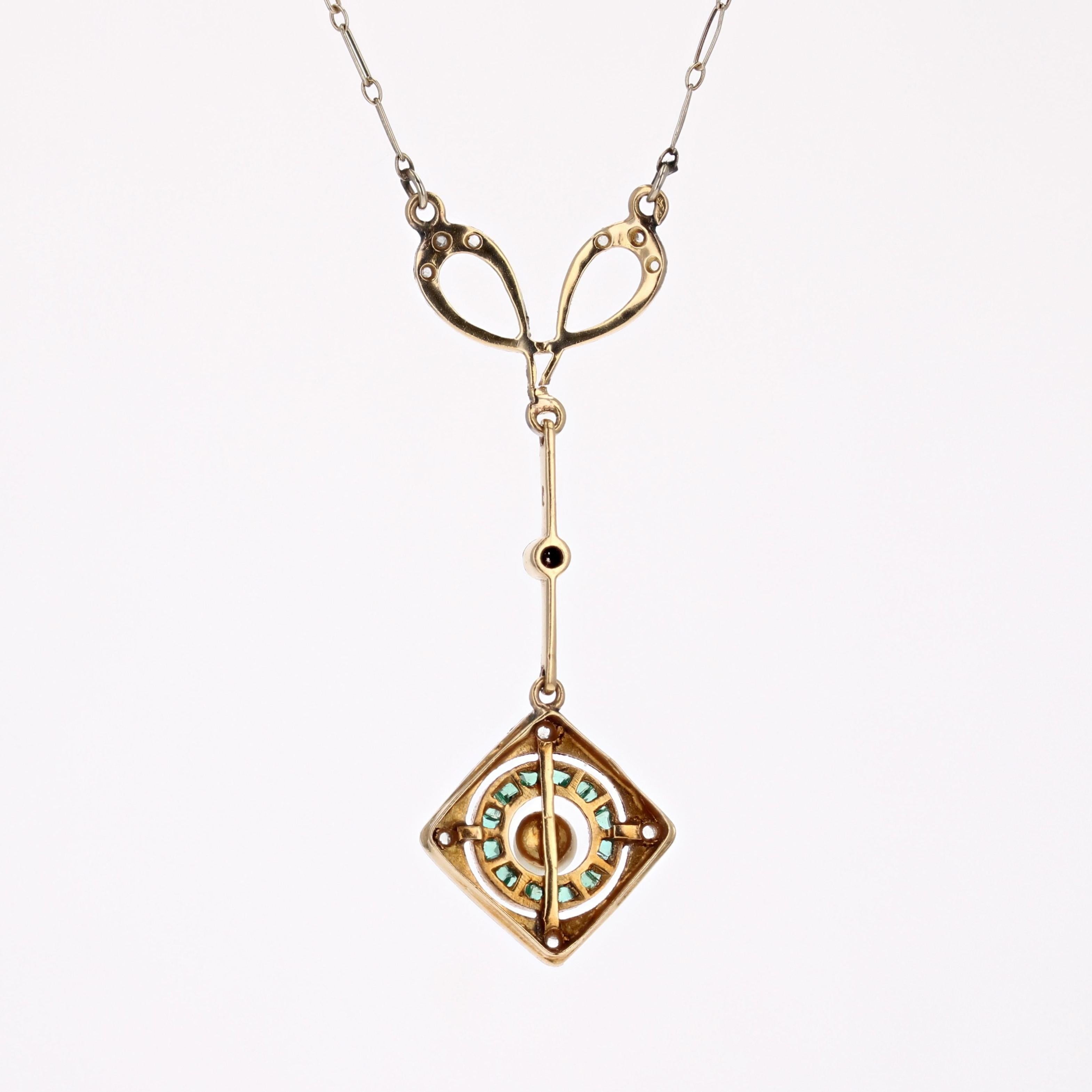 Art Deco Emerald Diamonds Fine Pearl 18 Karat Yellow White Gold Pendant Necklace For Sale 11