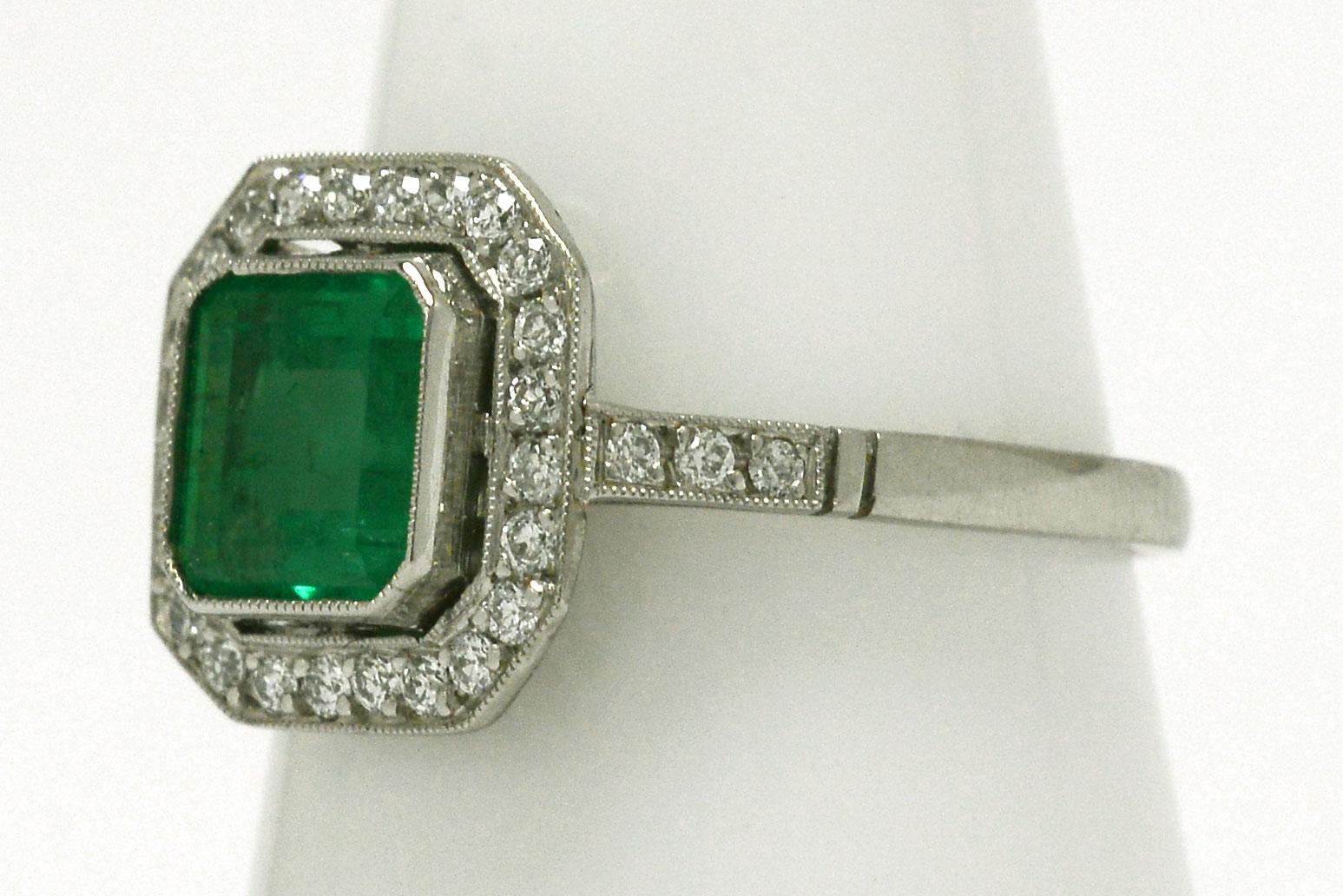 Women's Art Deco Style Emerald Engagement Ring Diamond Halo Vintage Platinum Colombian
