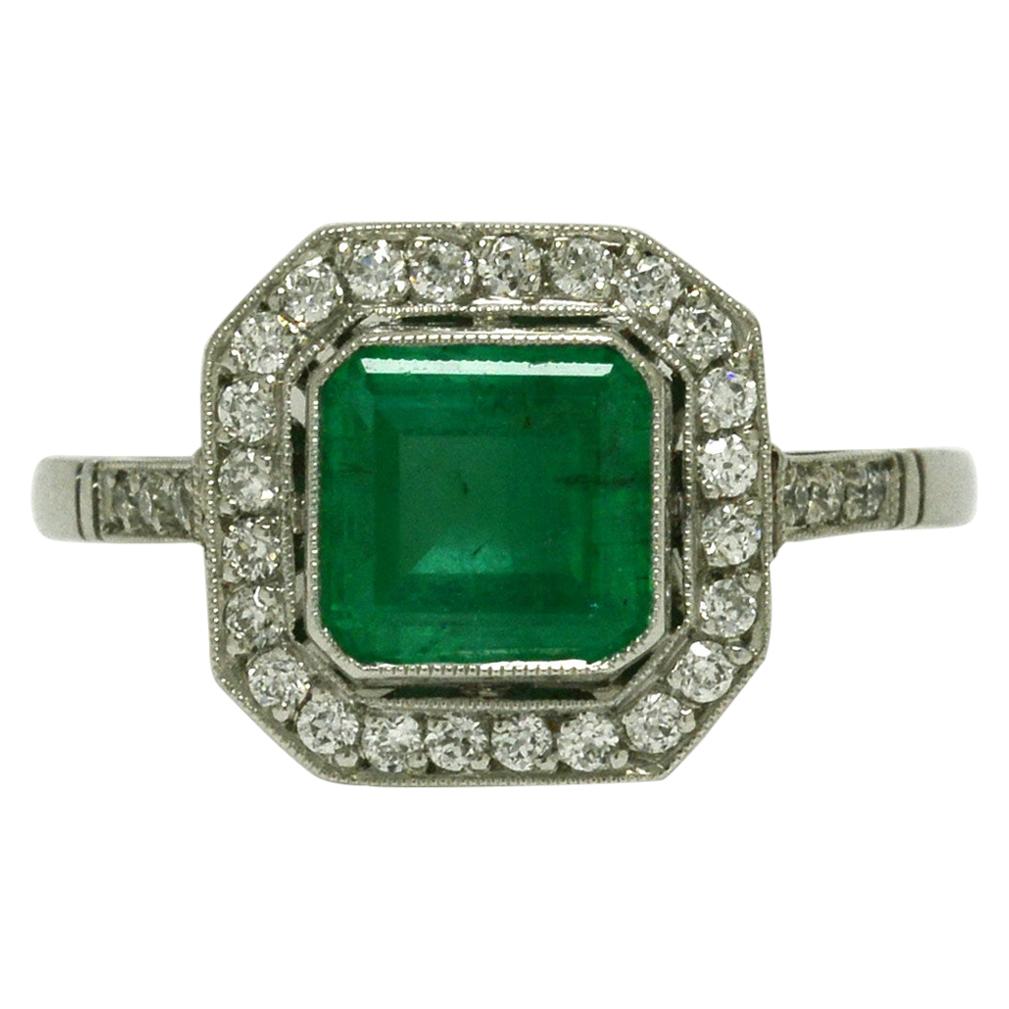 Art Deco Style Emerald Engagement Ring Diamond Halo Vintage Platinum Colombian