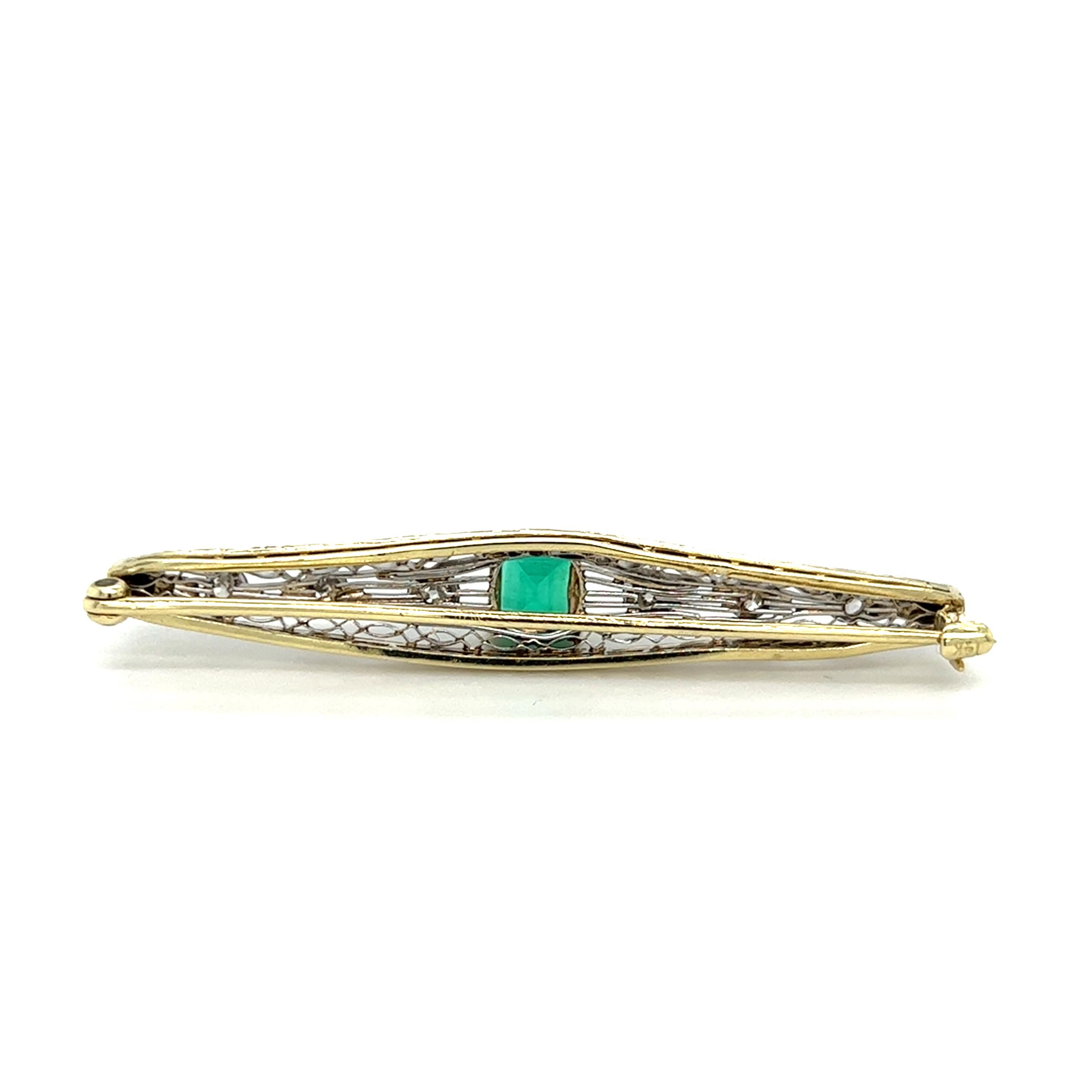 Emerald Cut Art Deco Emerald & European Cut Diamond Filigree Bar Pin in 14K Gold