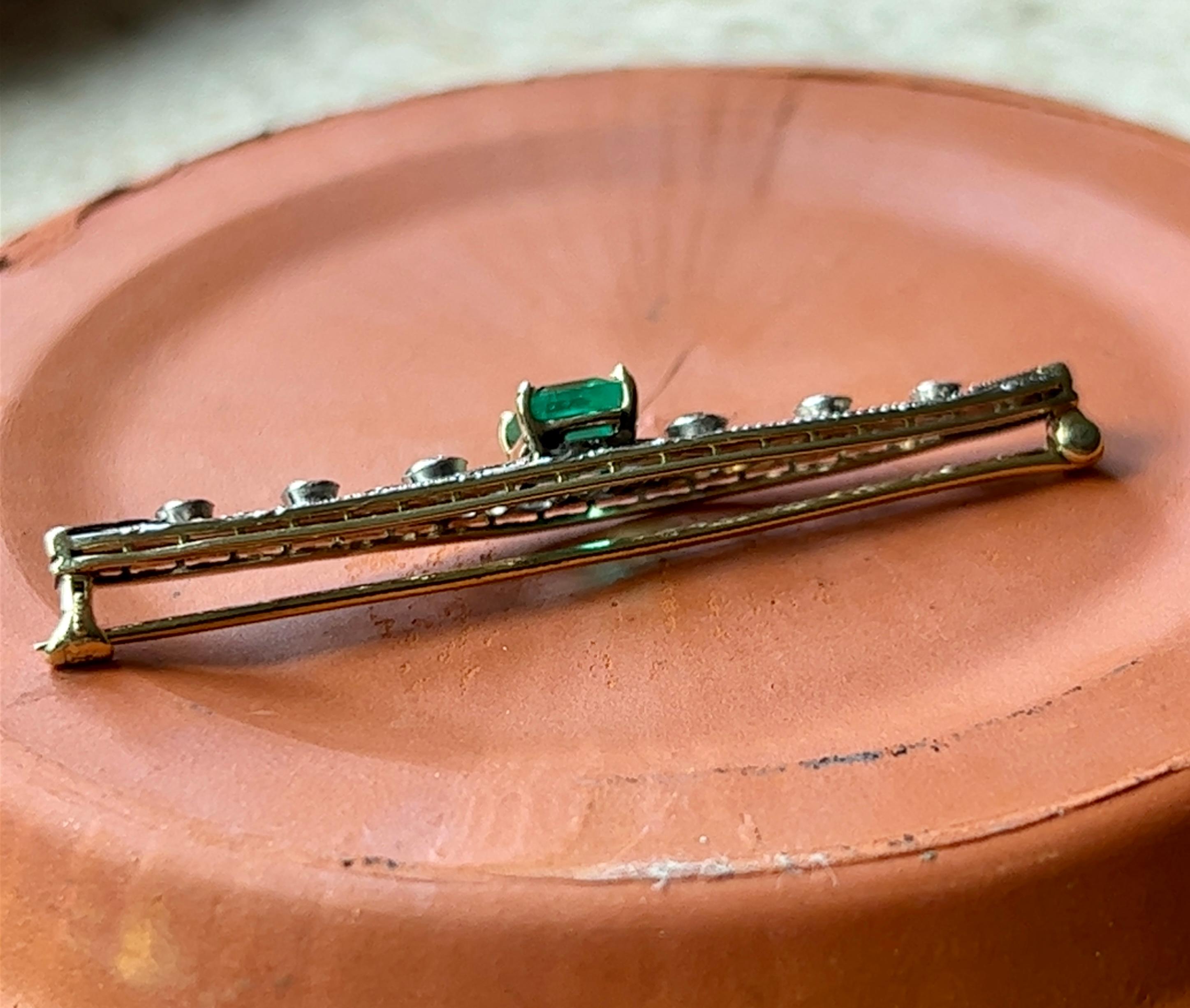 Art Deco Emerald & European Cut Diamond Filigree Bar Pin in 14K Gold  2