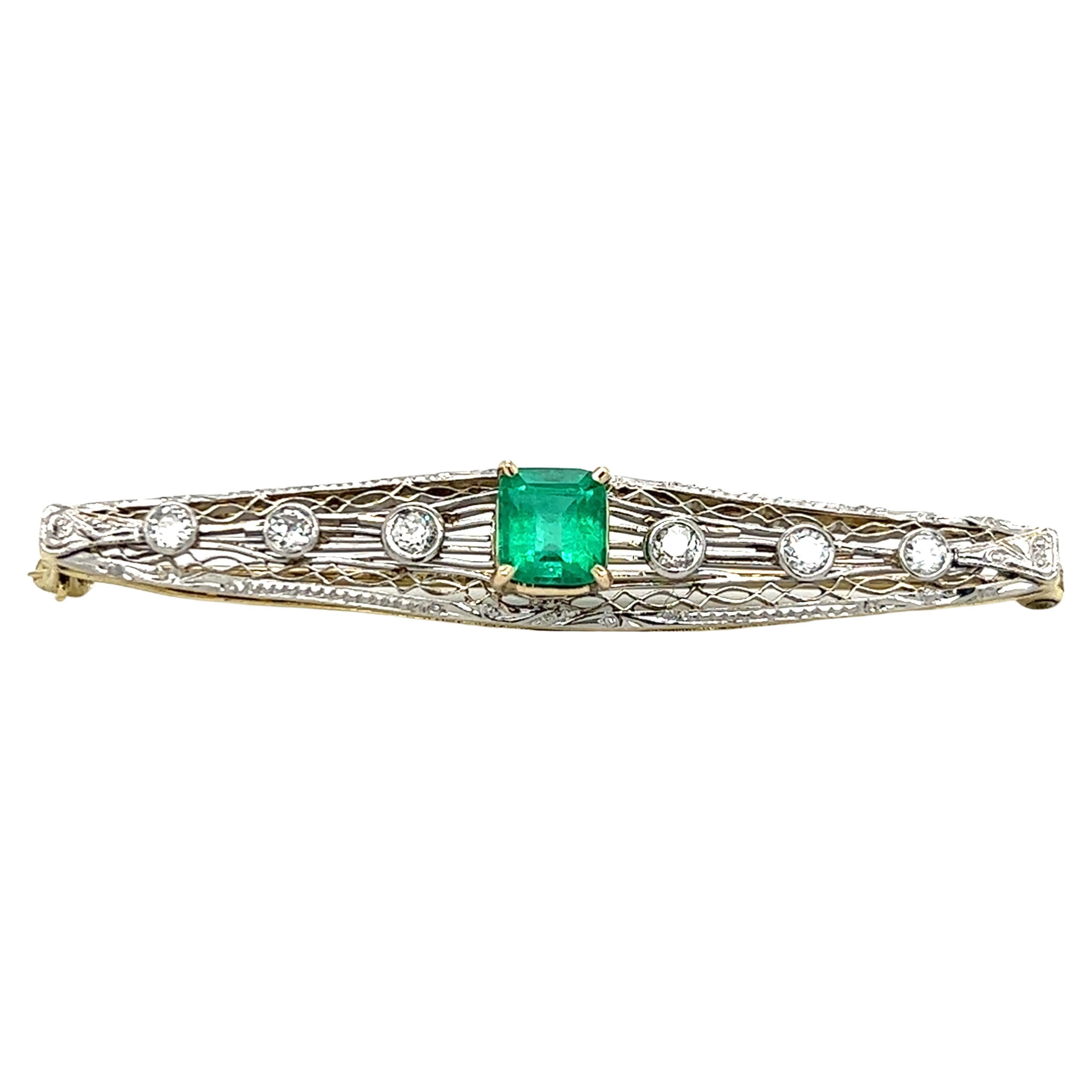 Art Deco Emerald & European Cut Diamond Filigree Bar Pin in 14K Gold  For Sale