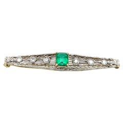 Art Deco Emerald & European Cut Diamond Filigree Bar Pin in 14K Gold 