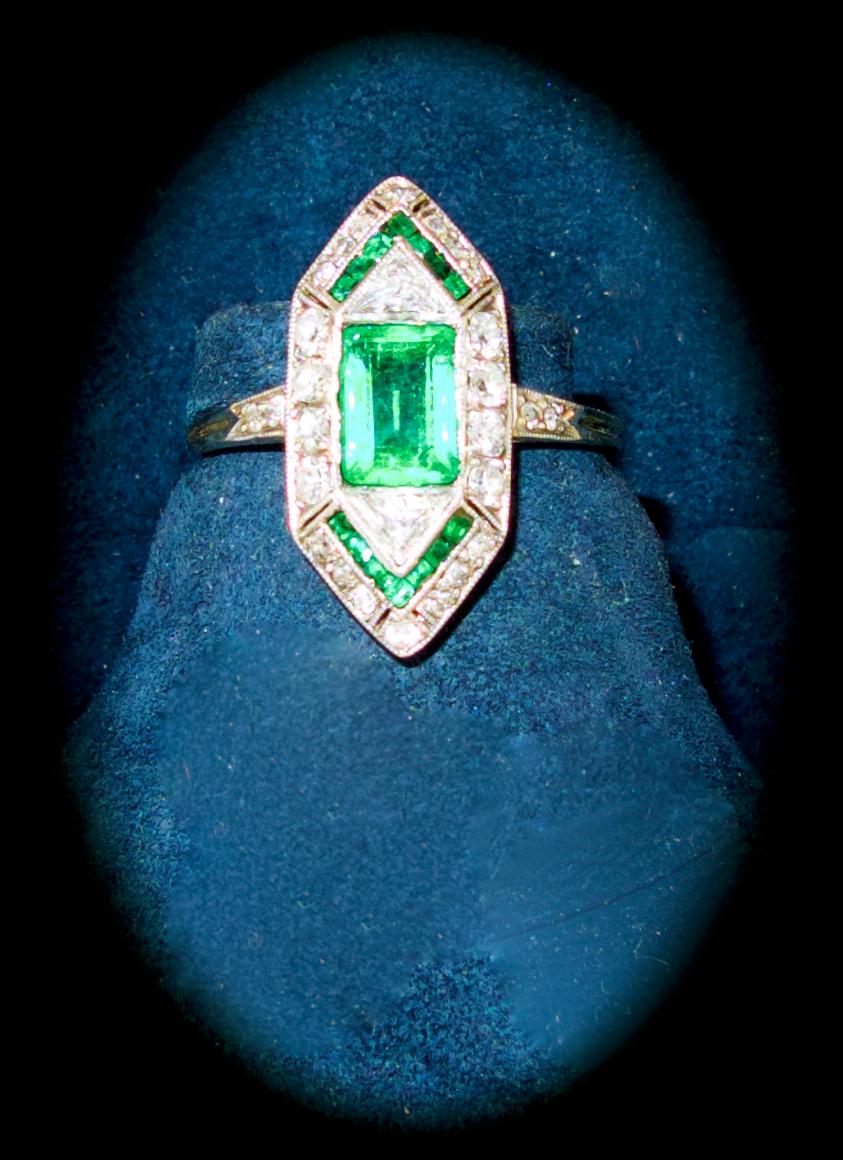 Art Deco Emerald Fancy Cut Diamond Platinum Cluster Ring In Good Condition In Aspen, CO