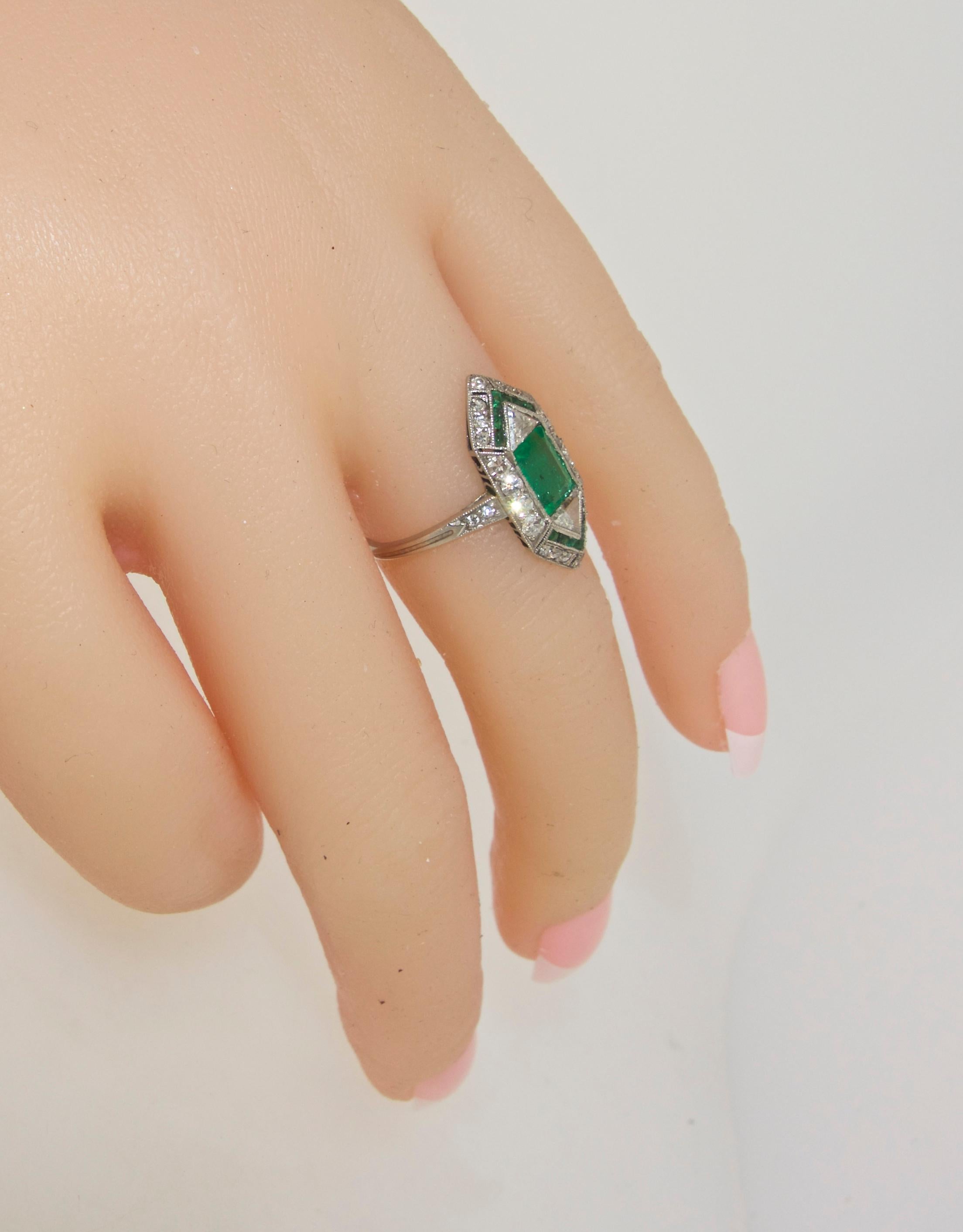 Women's Art Deco Emerald Fancy Cut Diamond Platinum Cluster Ring