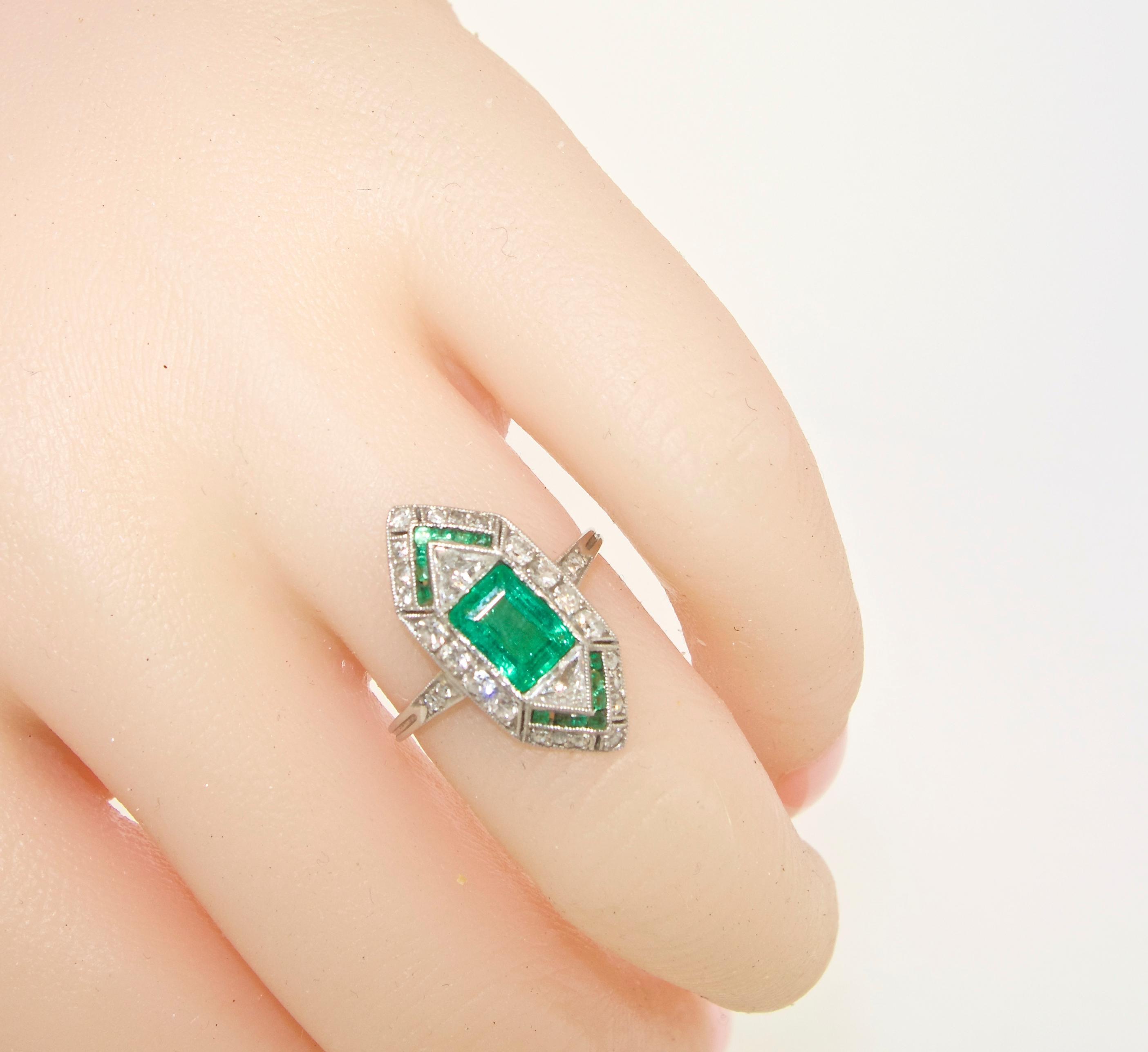 Art Deco Emerald Fancy Cut Diamond Platinum Cluster Ring 1