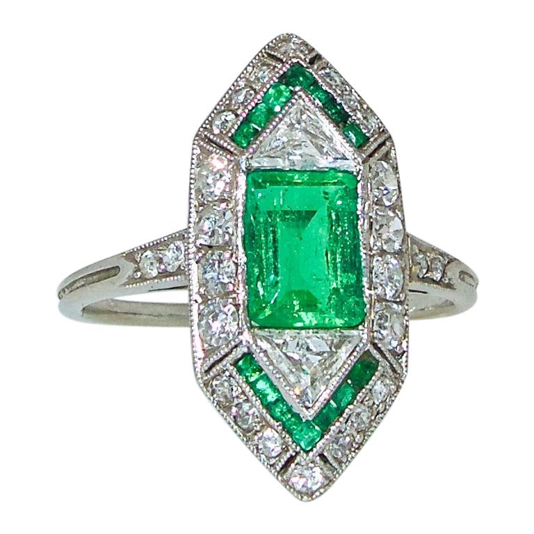 Art Deco Emerald Fancy Cut Diamond Platinum Cluster Ring
