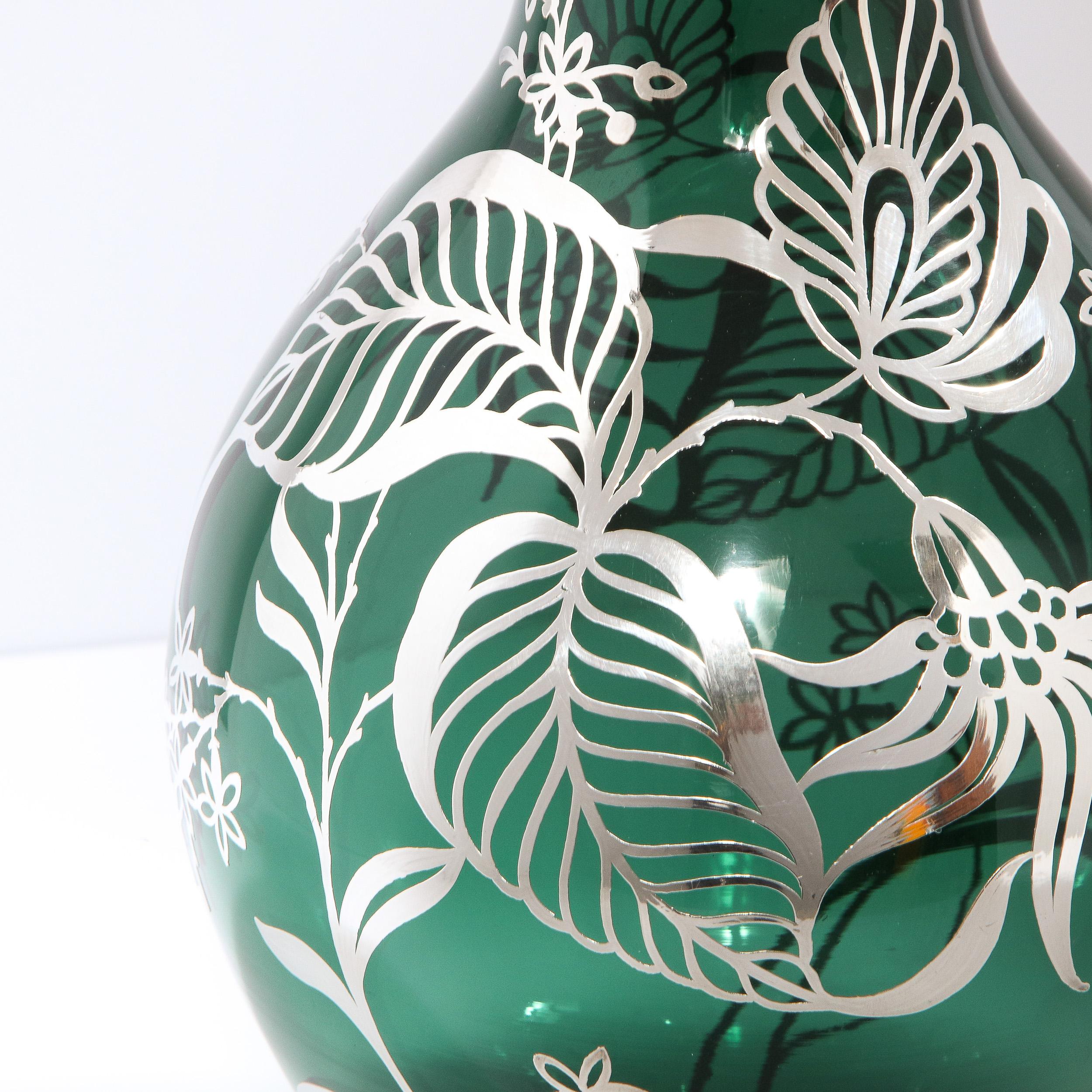 Art Deco Emerald Glass Vase w/ Sterling Silver Stylized Foliate Overlay 5
