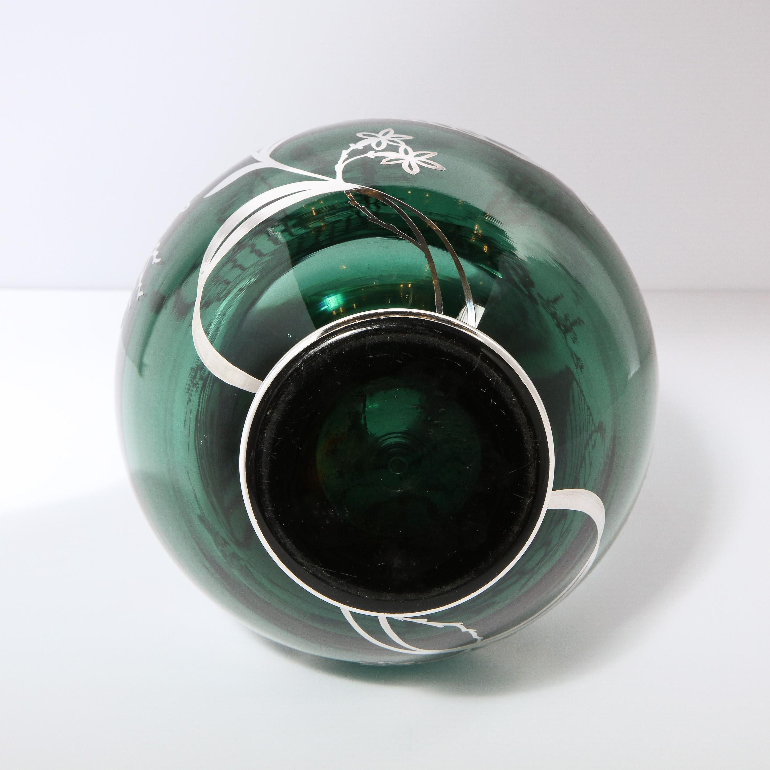 Art Deco Emerald Glass Vase w/ Sterling Silver Stylized Foliate Overlay 6