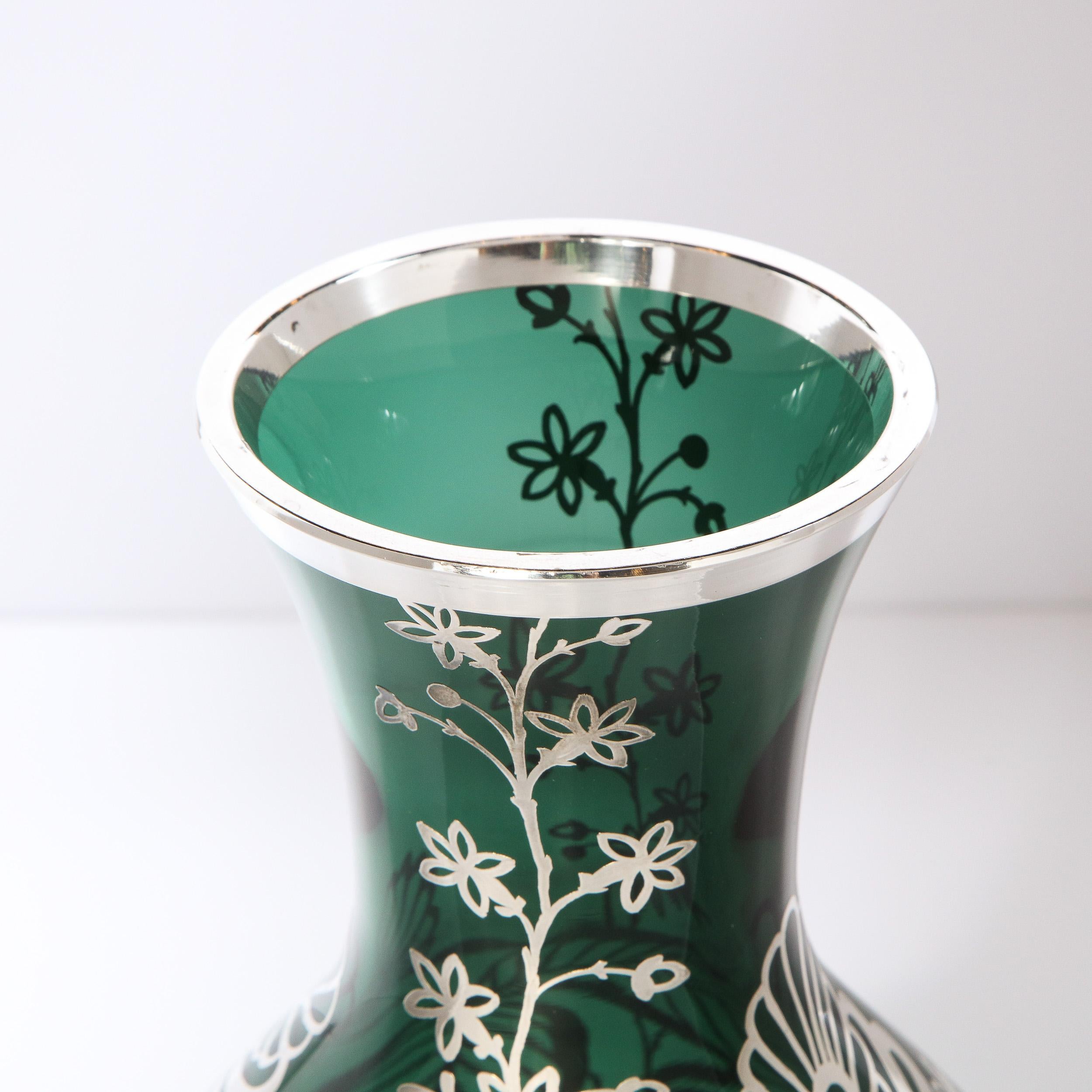 Art Deco Emerald Glass Vase w/ Sterling Silver Stylized Foliate Overlay 7
