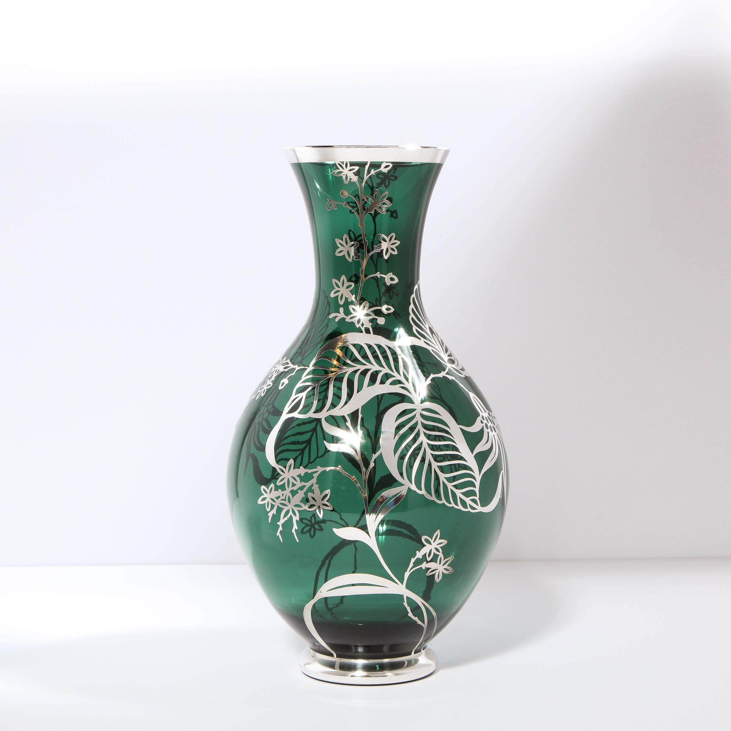 American Art Deco Emerald Glass Vase w/ Sterling Silver Stylized Foliate Overlay