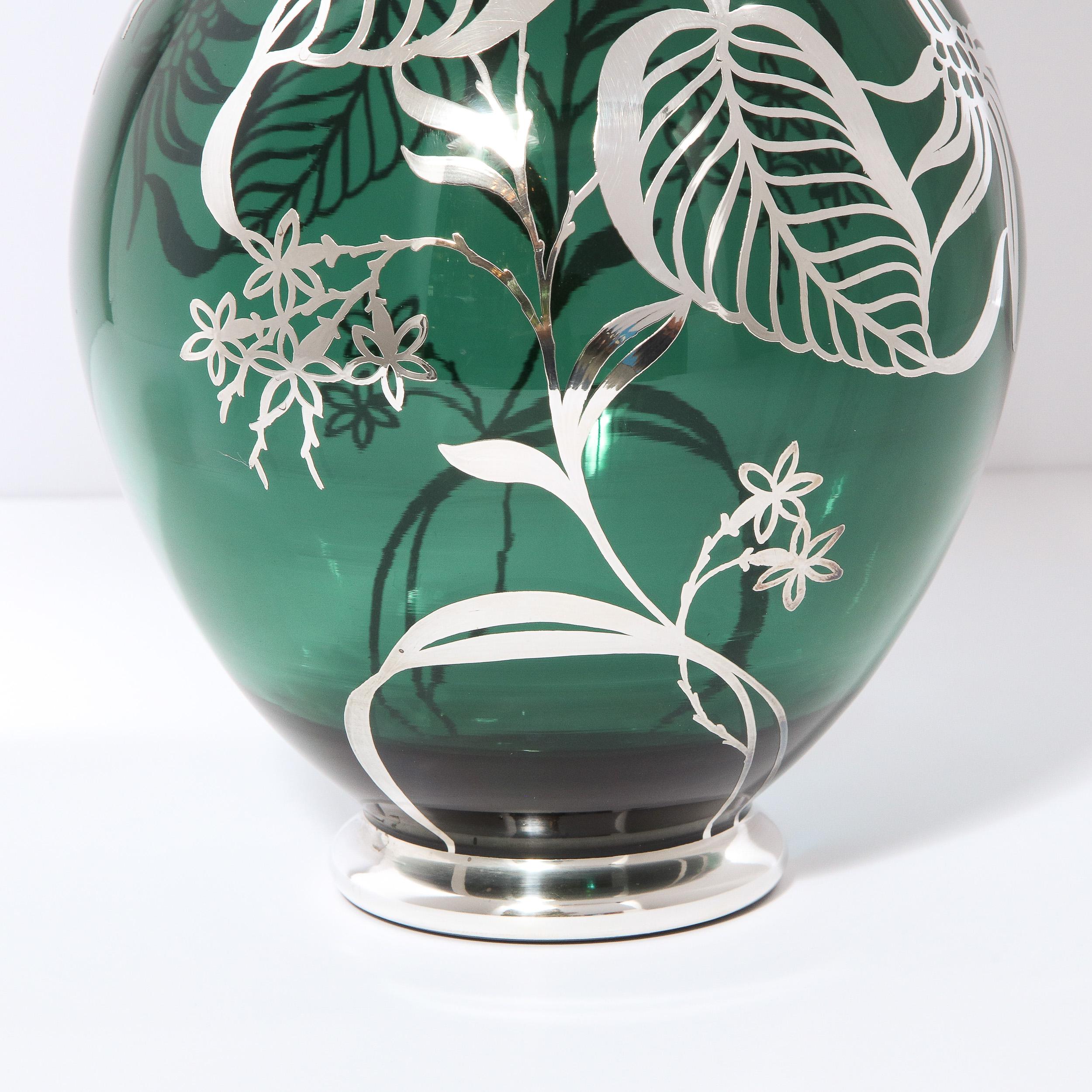 Art Deco Emerald Glass Vase w/ Sterling Silver Stylized Foliate Overlay In Excellent Condition In New York, NY