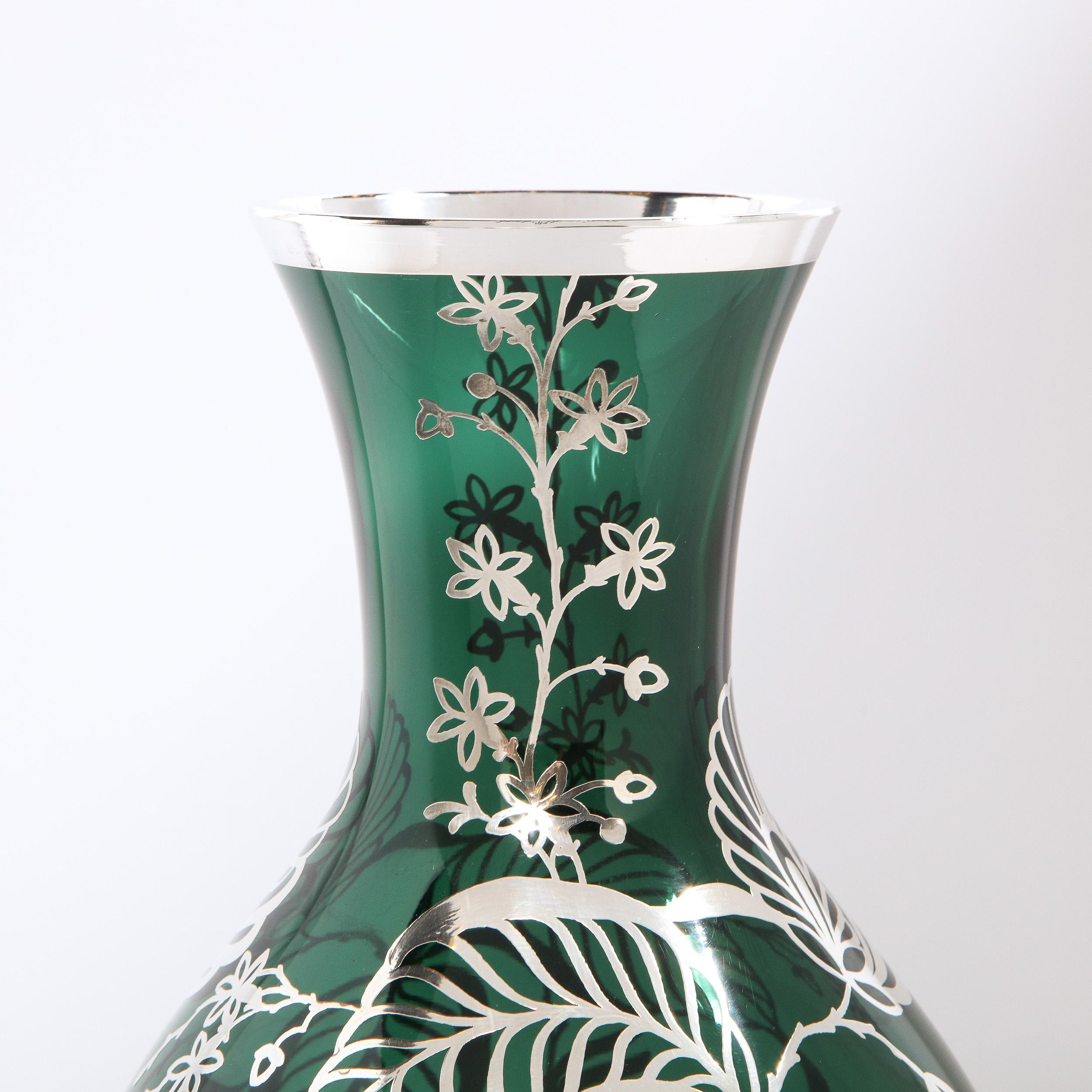 Mid-20th Century Art Deco Emerald Glass Vase w/ Sterling Silver Stylized Foliate Overlay