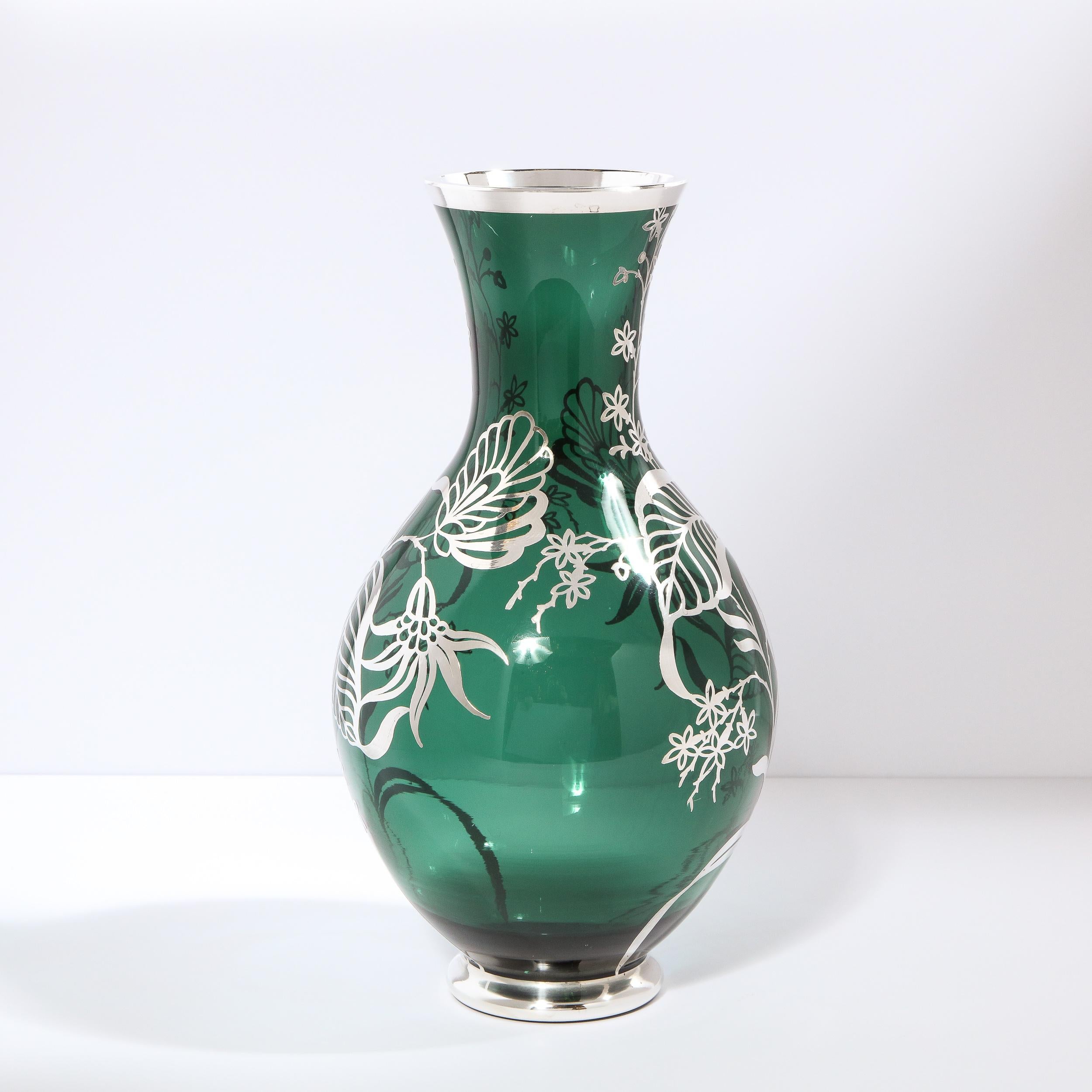 Art Deco Emerald Glass Vase w/ Sterling Silver Stylized Foliate Overlay 1