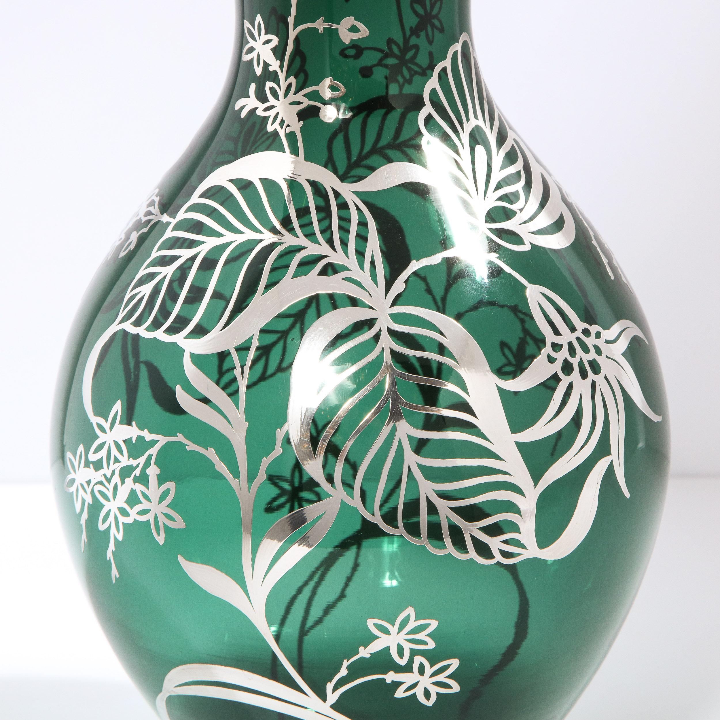 Art Deco Emerald Glass Vase w/ Sterling Silver Stylized Foliate Overlay 2
