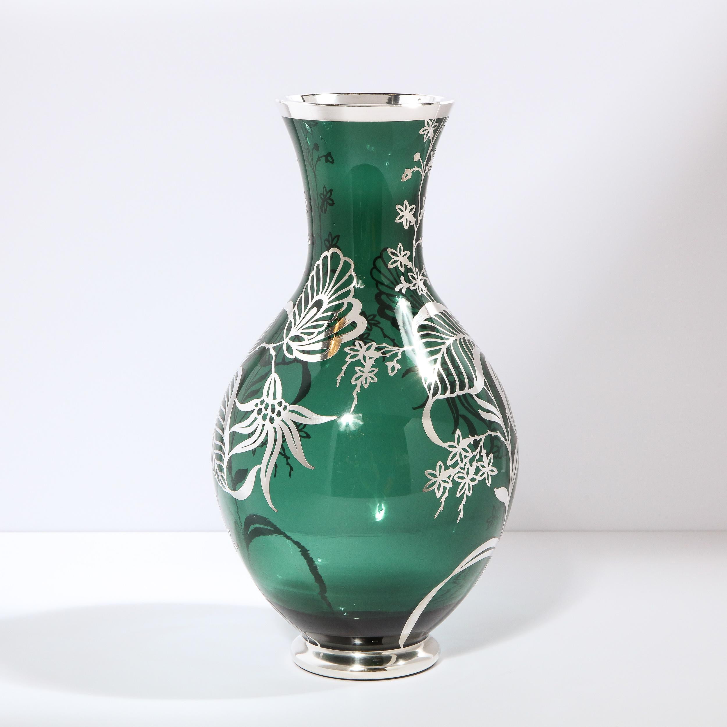 Art Deco Emerald Glass Vase w/ Sterling Silver Stylized Foliate Overlay 3