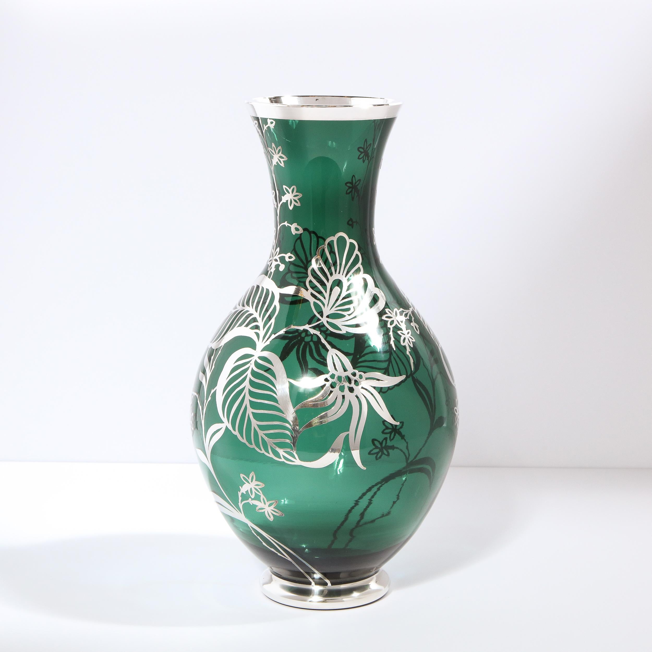 Art Deco Emerald Glass Vase w/ Sterling Silver Stylized Foliate Overlay 4