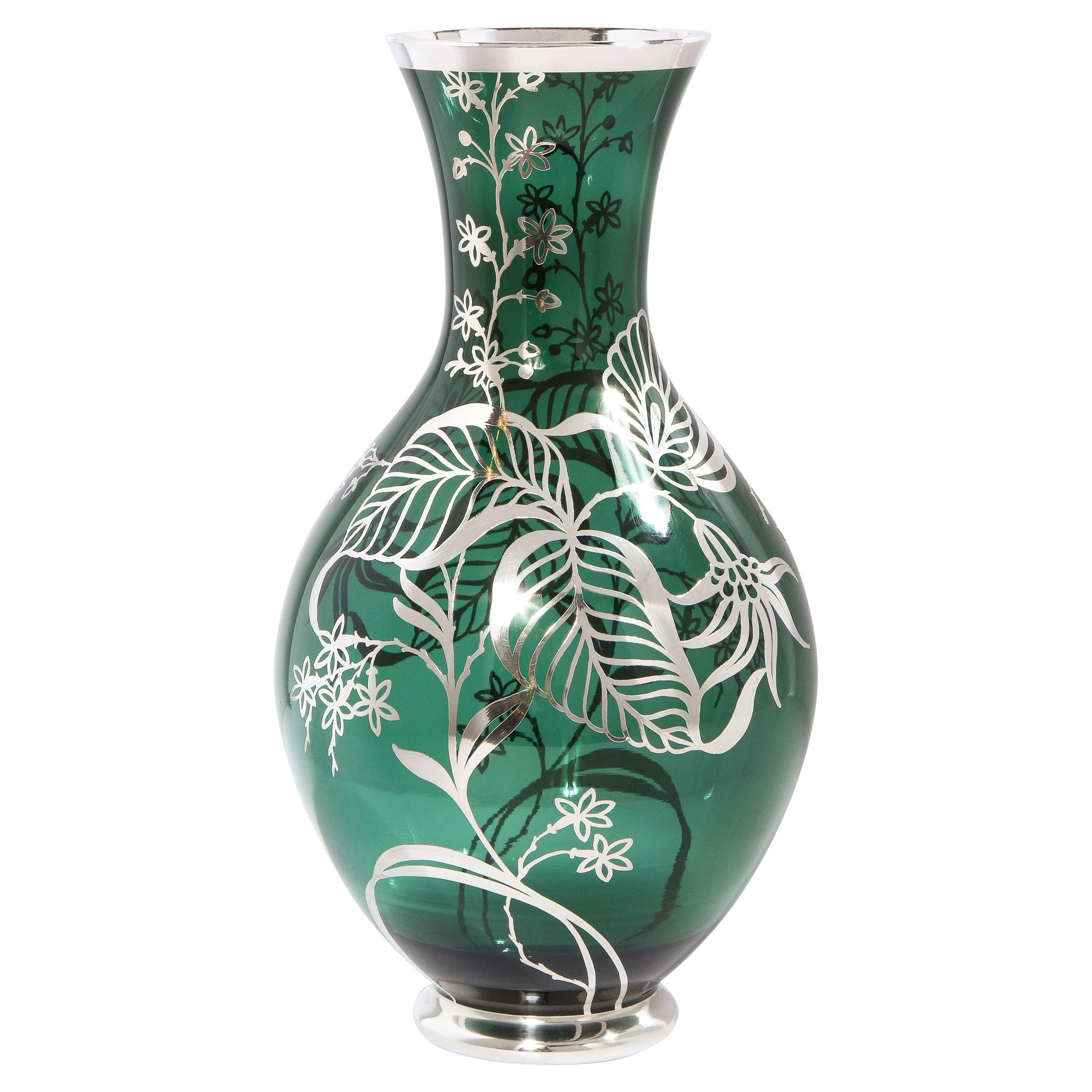 Art Deco Emerald Glass Vase w/ Sterling Silver Stylized Foliate Overlay
