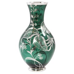 Art Deco Emerald Glass Vase w/ Sterling Silver Stylized Foliate Overlay