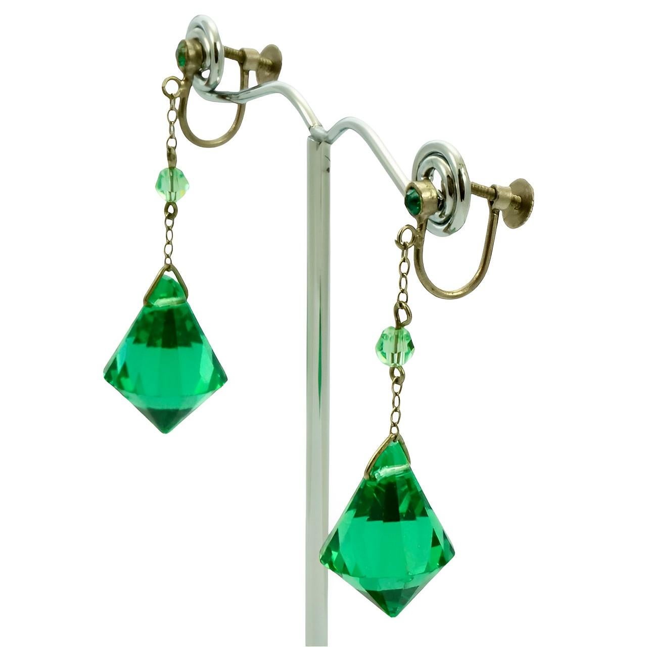 Women's or Men's Art Deco Emerald Green Faceted Glass Drop Screw Back Earrings For Sale