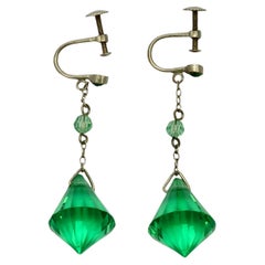 Art Deco Emerald Green Faceted Glass Drop Screw Back Earrings