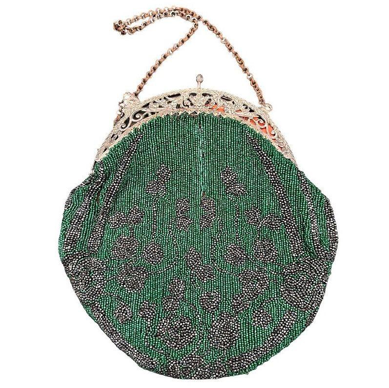 American Art Deco Emerald Green Glass Beaded Evening Bag w/ Silver Swan Clasps