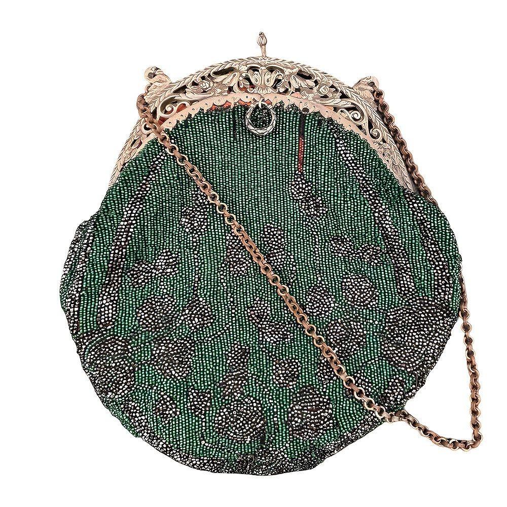 Art Deco Emerald Green Glass Beaded Evening Bag w/ Silver Swan Clasps In Good Condition In Van Nuys, CA