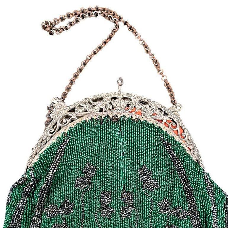 Art Deco Emerald Green Glass Beaded Evening Bag w/ Silver Swan Clasps 1