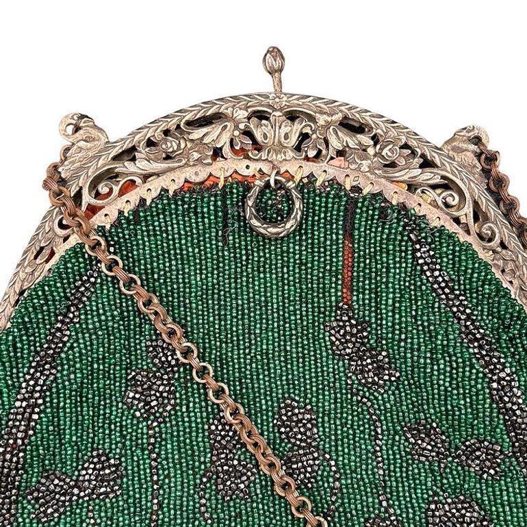 Art Deco Emerald Green Glass Beaded Evening Bag w/ Silver Swan Clasps 2