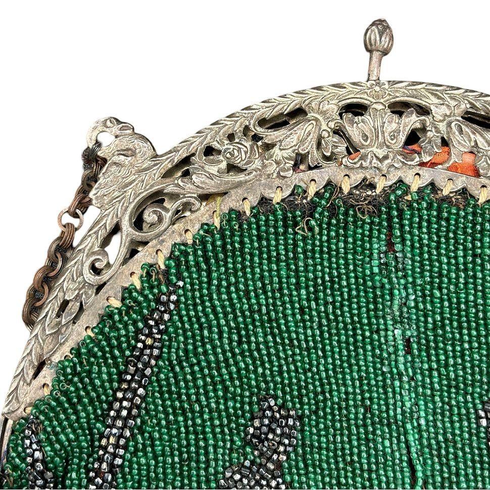 Art Deco Emerald Green Glass Beaded Evening Bag w/ Silver Swan Clasps 3