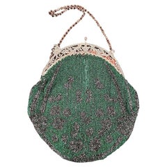 Art Deco Emerald Green Glass Beaded Evening Bag w/ Silver Swan Clasps