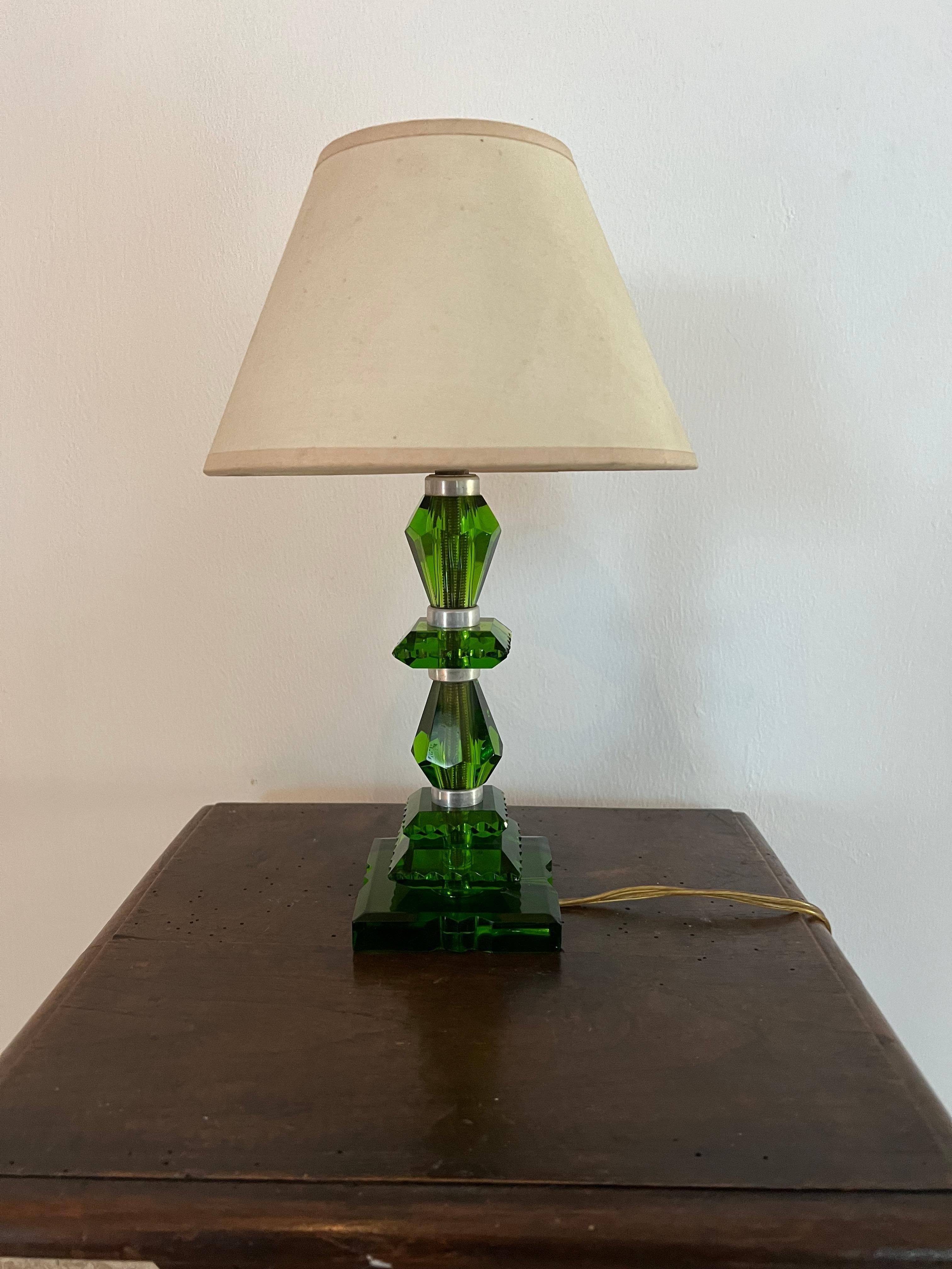 French Art Deco Emerald Green Lamp ITSO Baccarat and Jacques Adnet, France circa 1940 For Sale