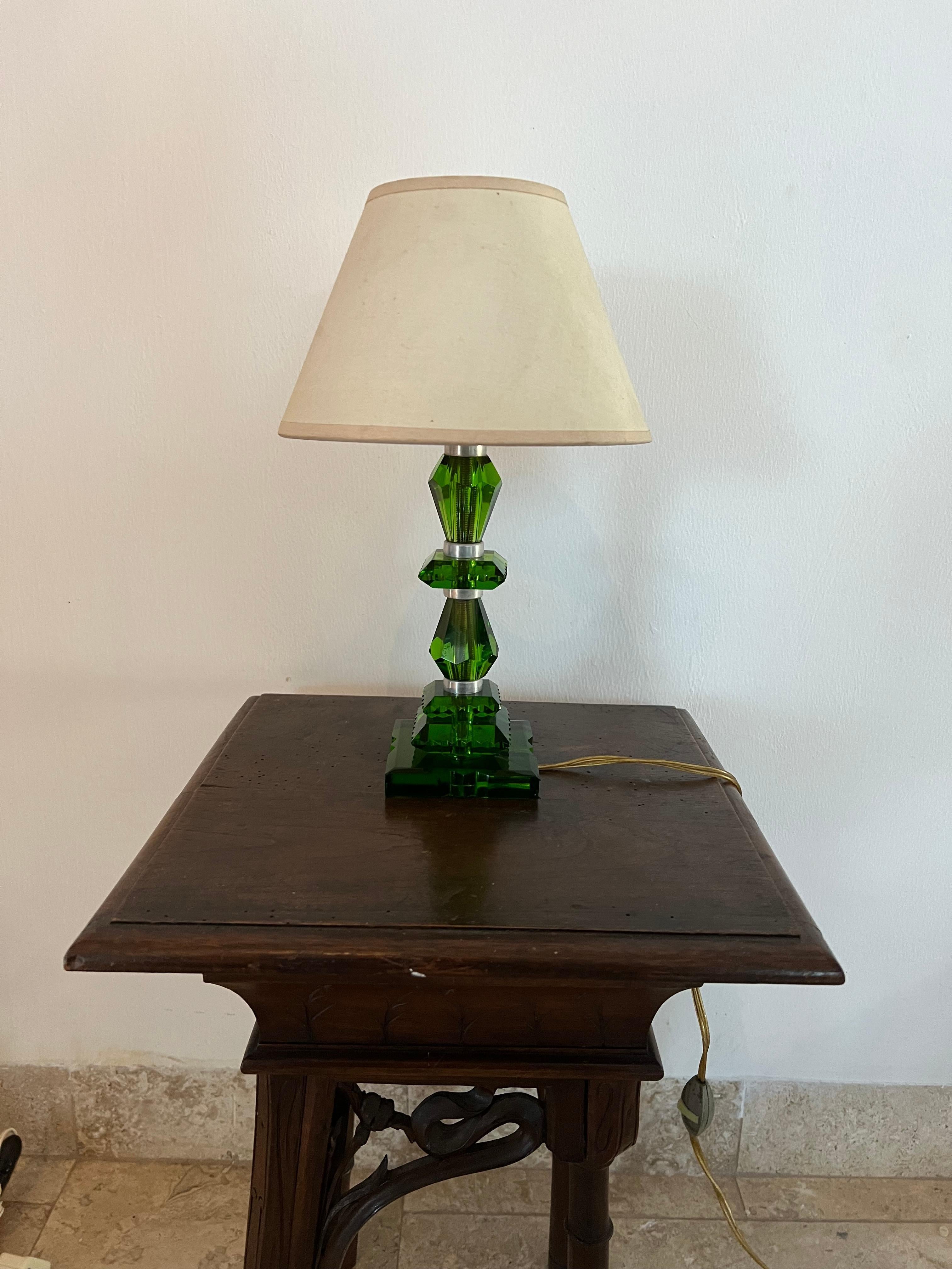 Hand-Crafted Art Deco Emerald Green Lamp ITSO Baccarat and Jacques Adnet, France circa 1940 For Sale