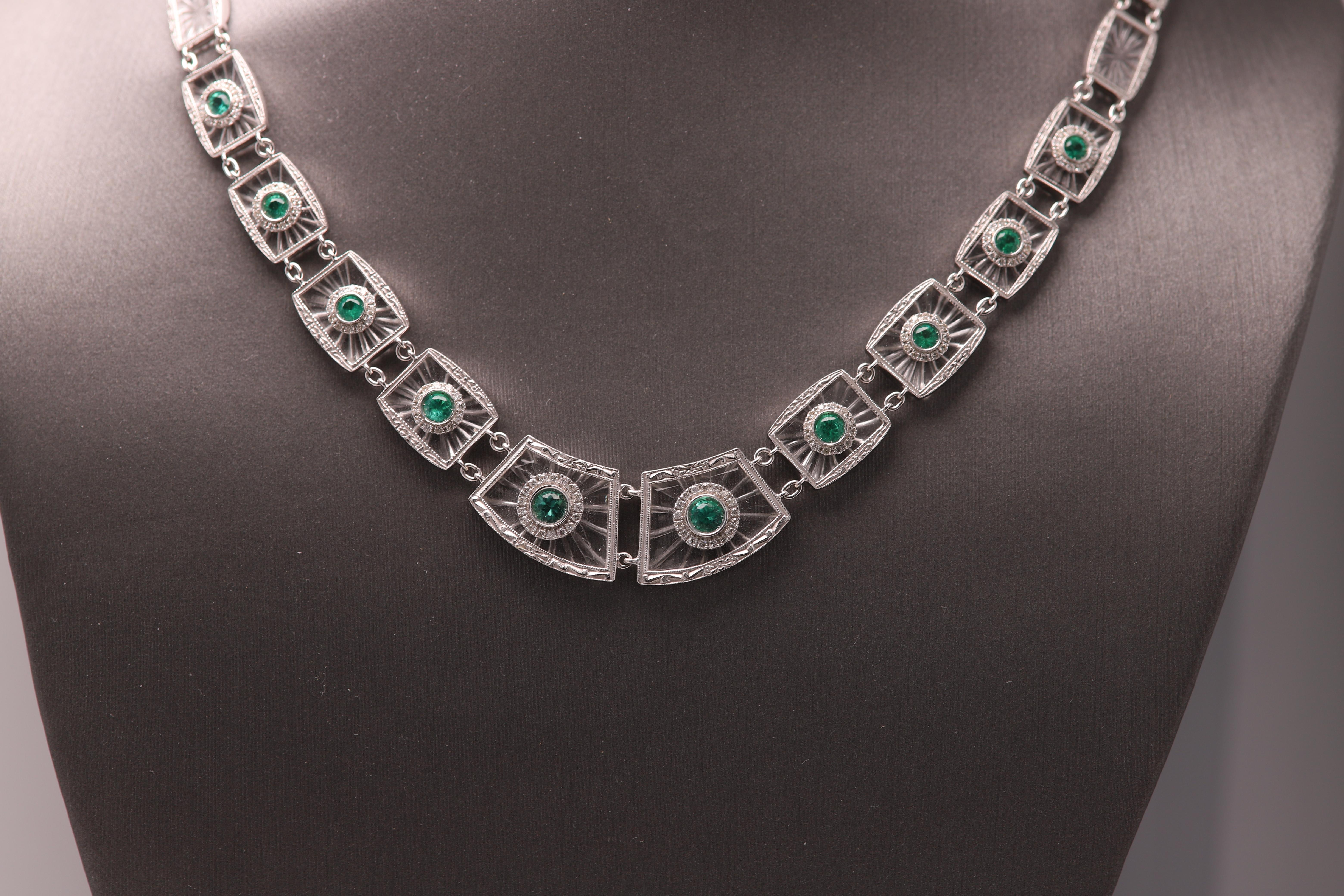 Round Cut Art Deco Emerald Necklace 14 Karat White Gold and Diamonds