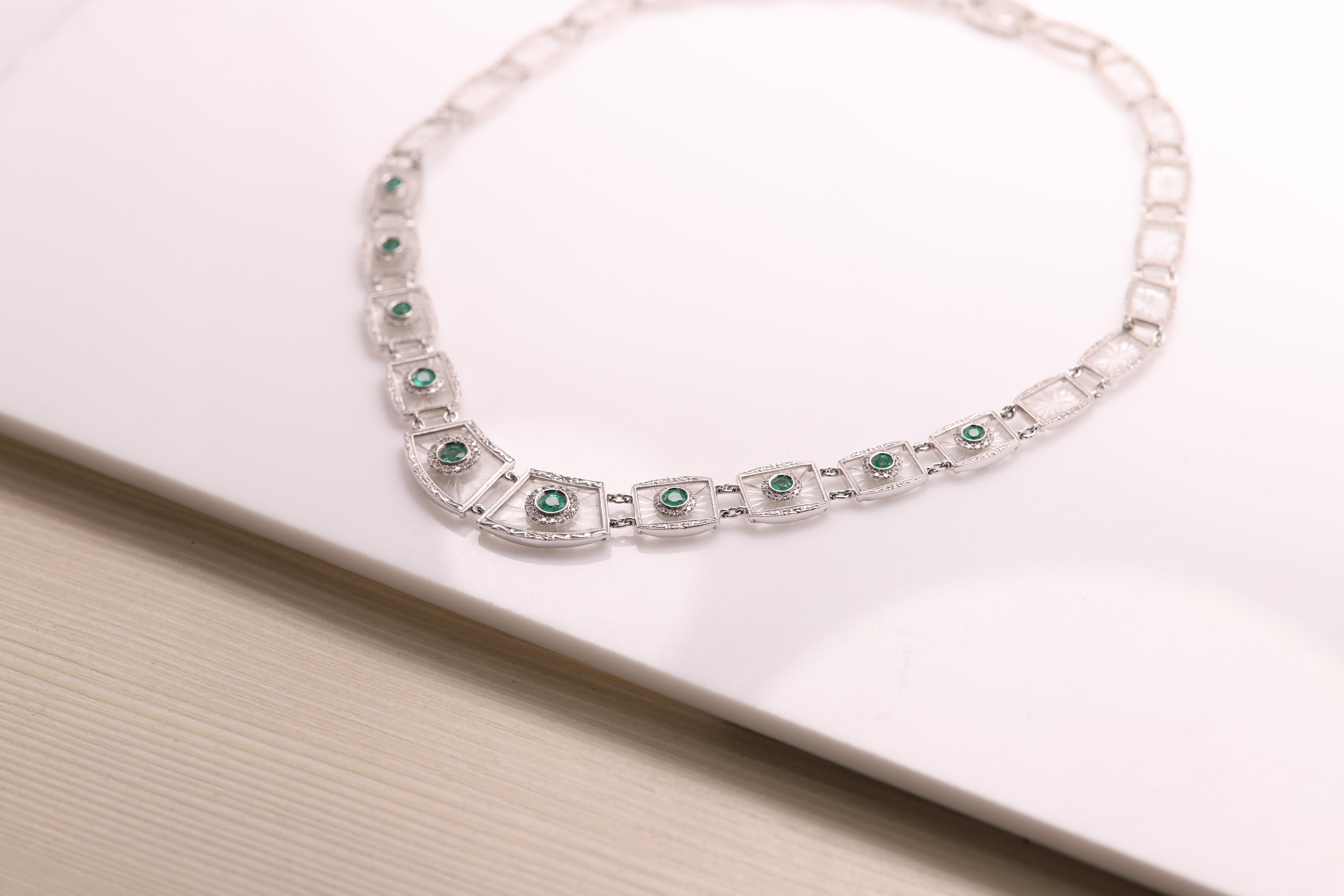 Women's Art Deco Emerald Necklace 14 Karat White Gold and Diamonds