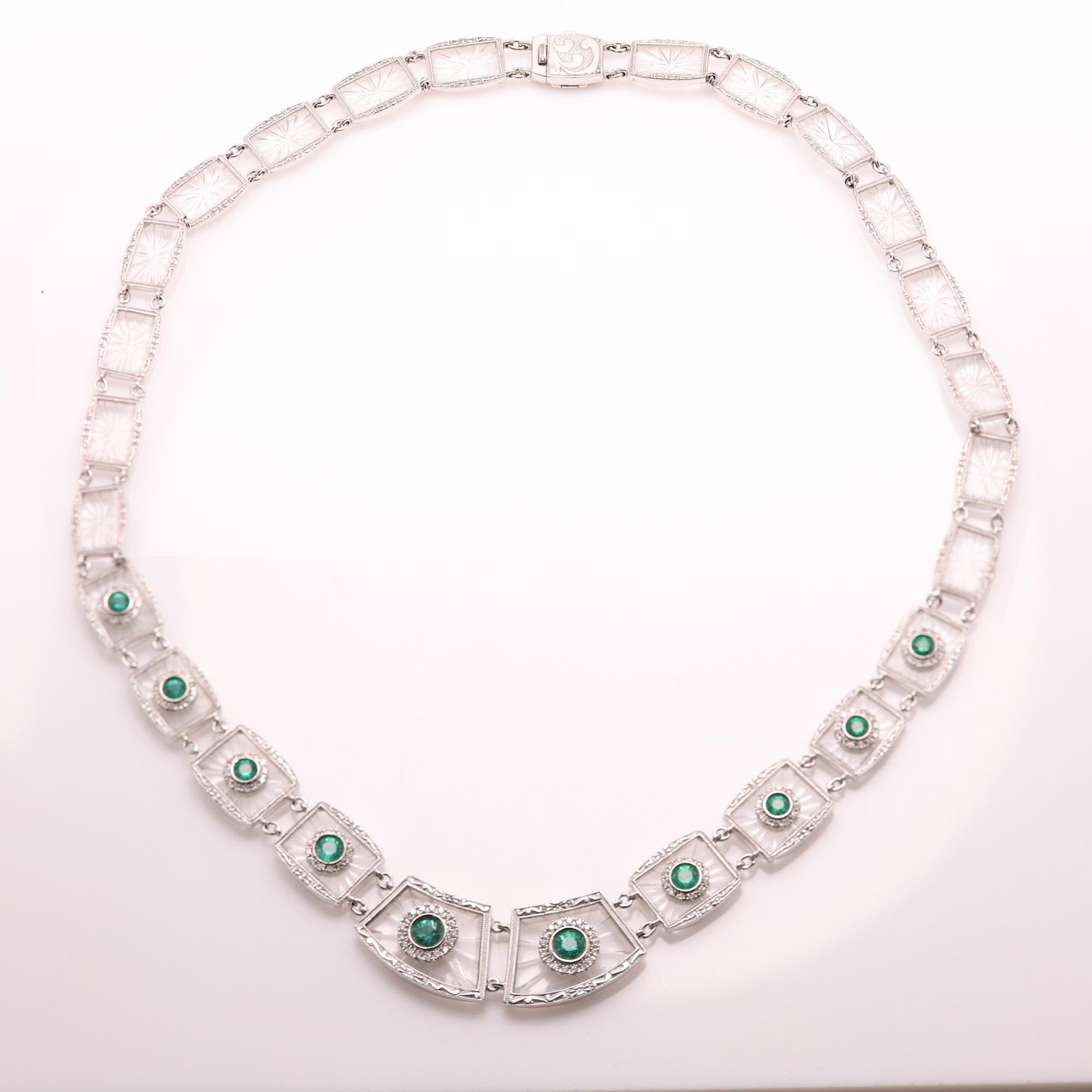 Art Deco Emerald Necklace 14 Karat White Gold and Diamonds 3