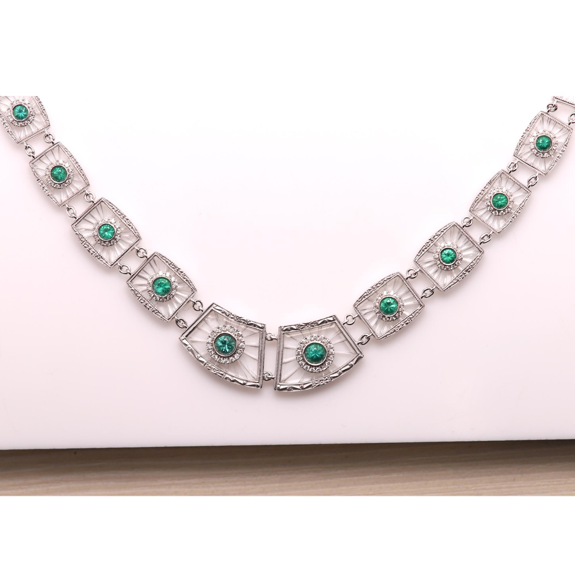 Art Deco Emerald Necklace 14 Karat White Gold and Diamonds 4
